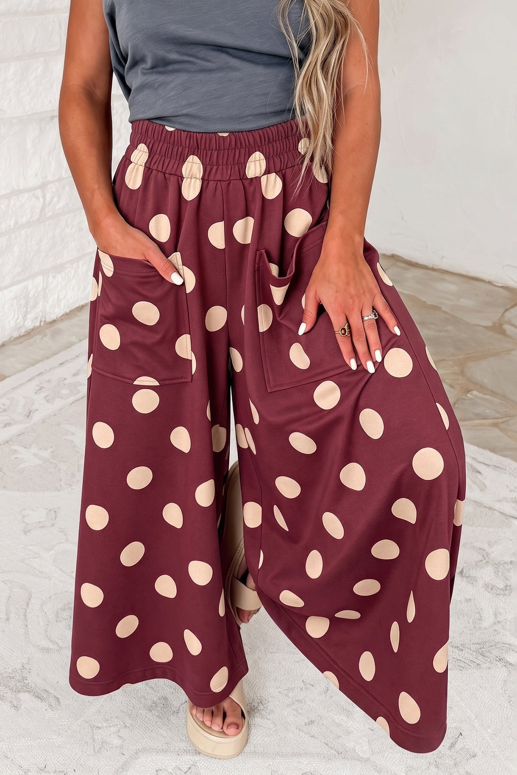 Black Polka Dot Wide Leg Elastic Waist Casual Pants