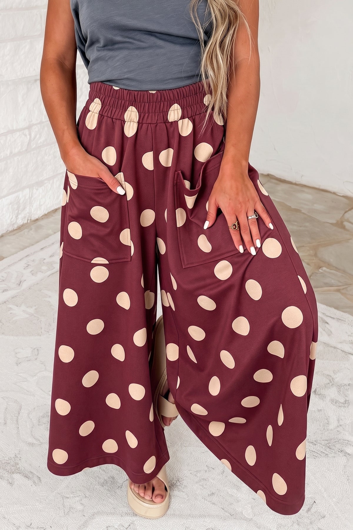 Black Polka Dot Wide Leg Elastic Waist Casual Pants