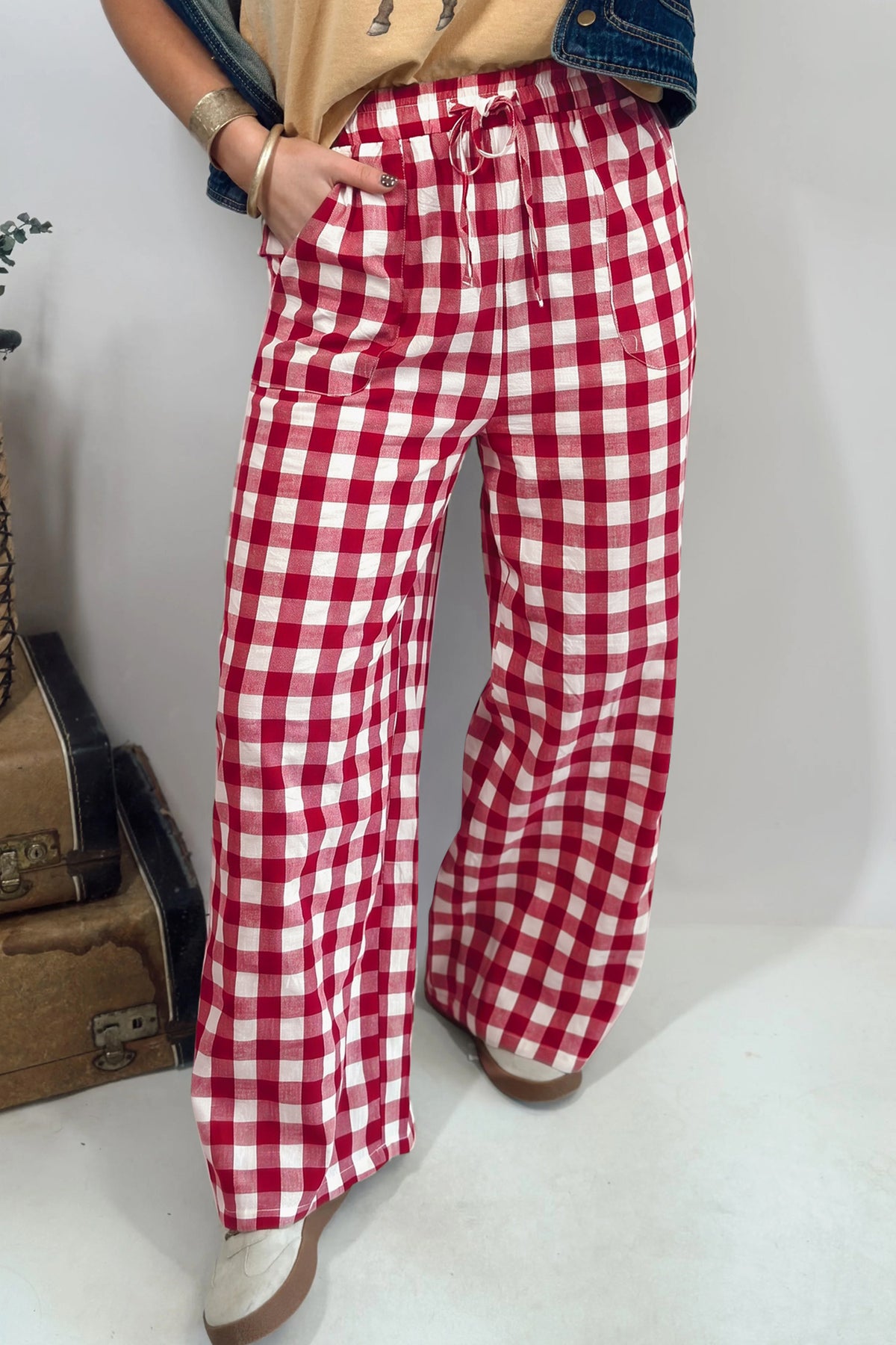 Blue Gingham Plaid Tie Elastic Waist Shift Pants