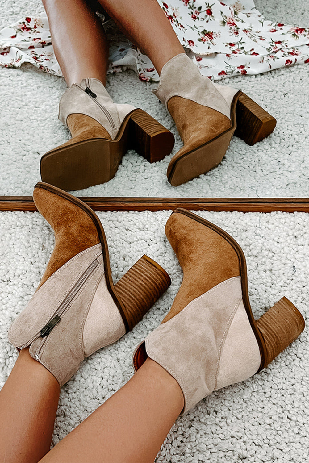 Camel Two Tone Faux Suede Square Toe Chunky Heel Boots