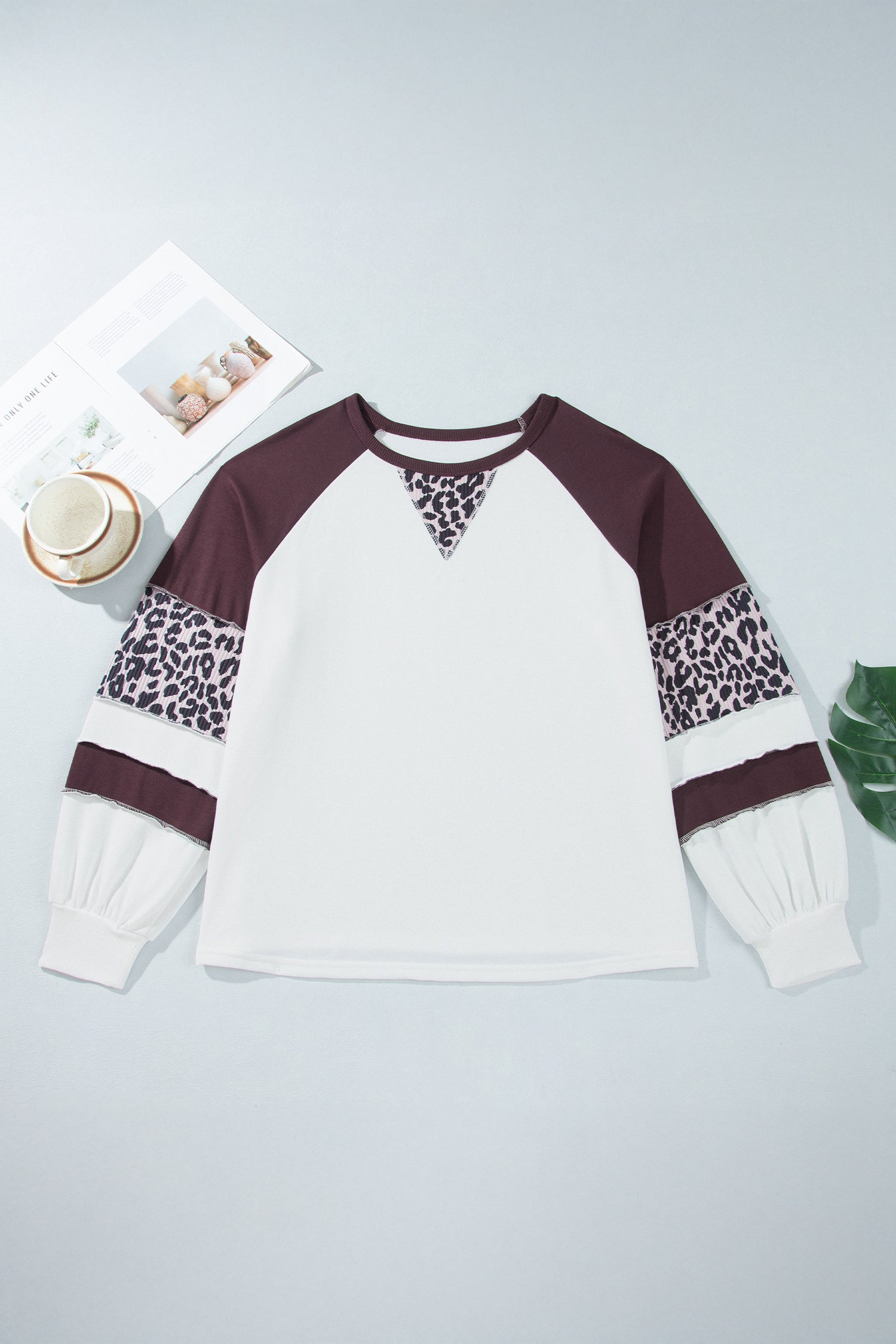 Beige Leopard Print Colorblock Round Neck Long Sleeve Plus Size Blouse
