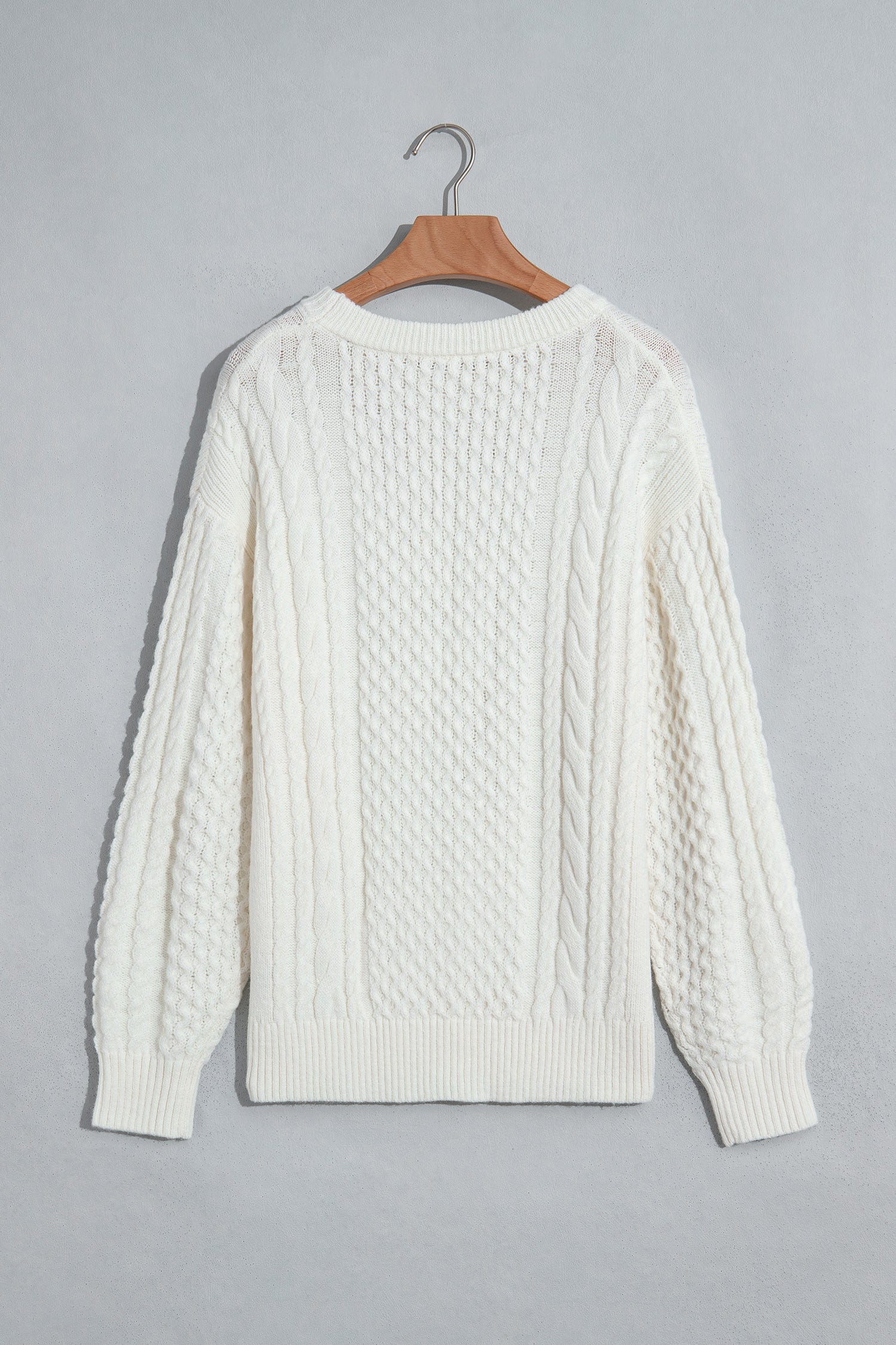 Beige Solid Color Cable Detail Knit Loose Round Neck Sweater