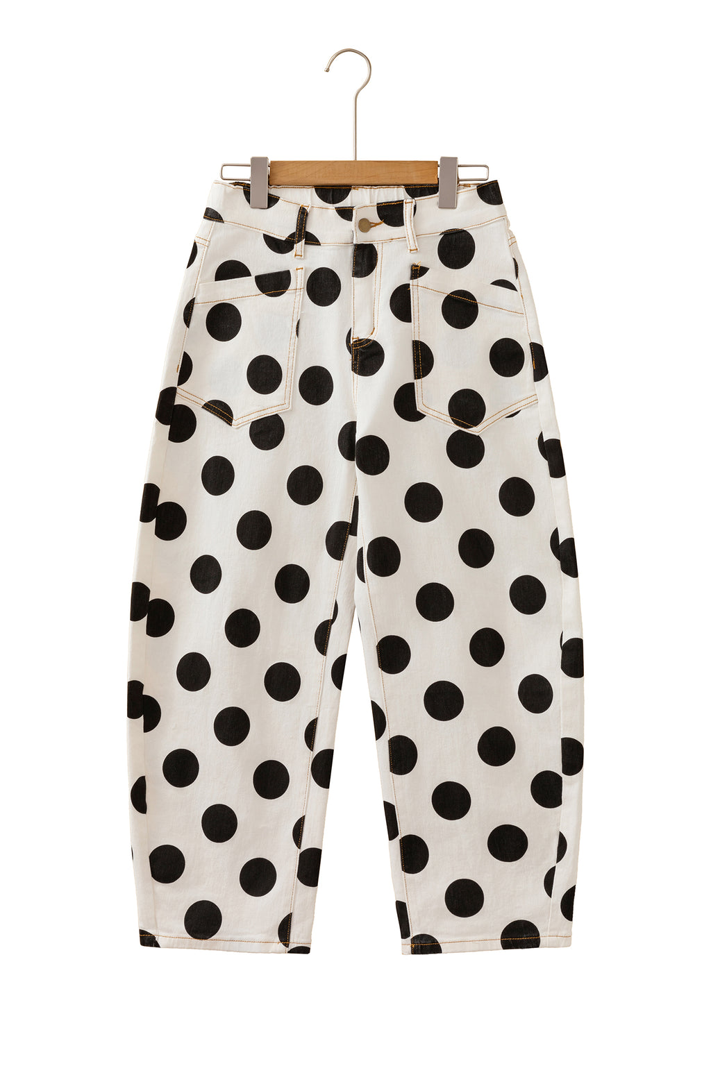 White Polka Dot Ankle-Length Barrel Jeans