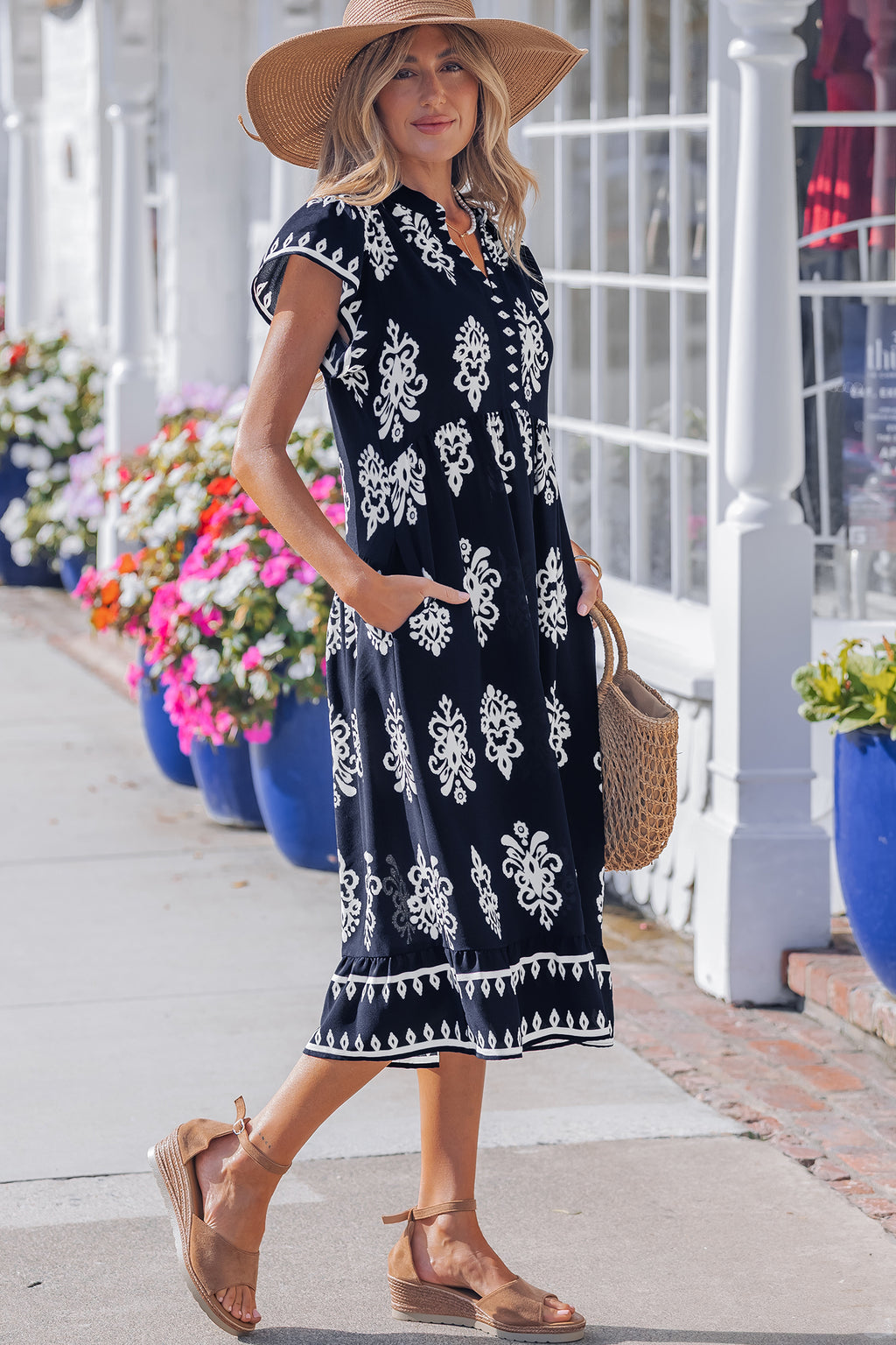 Blue Western Ethnic Print Notched Neck Short Sleeve Midi Dress