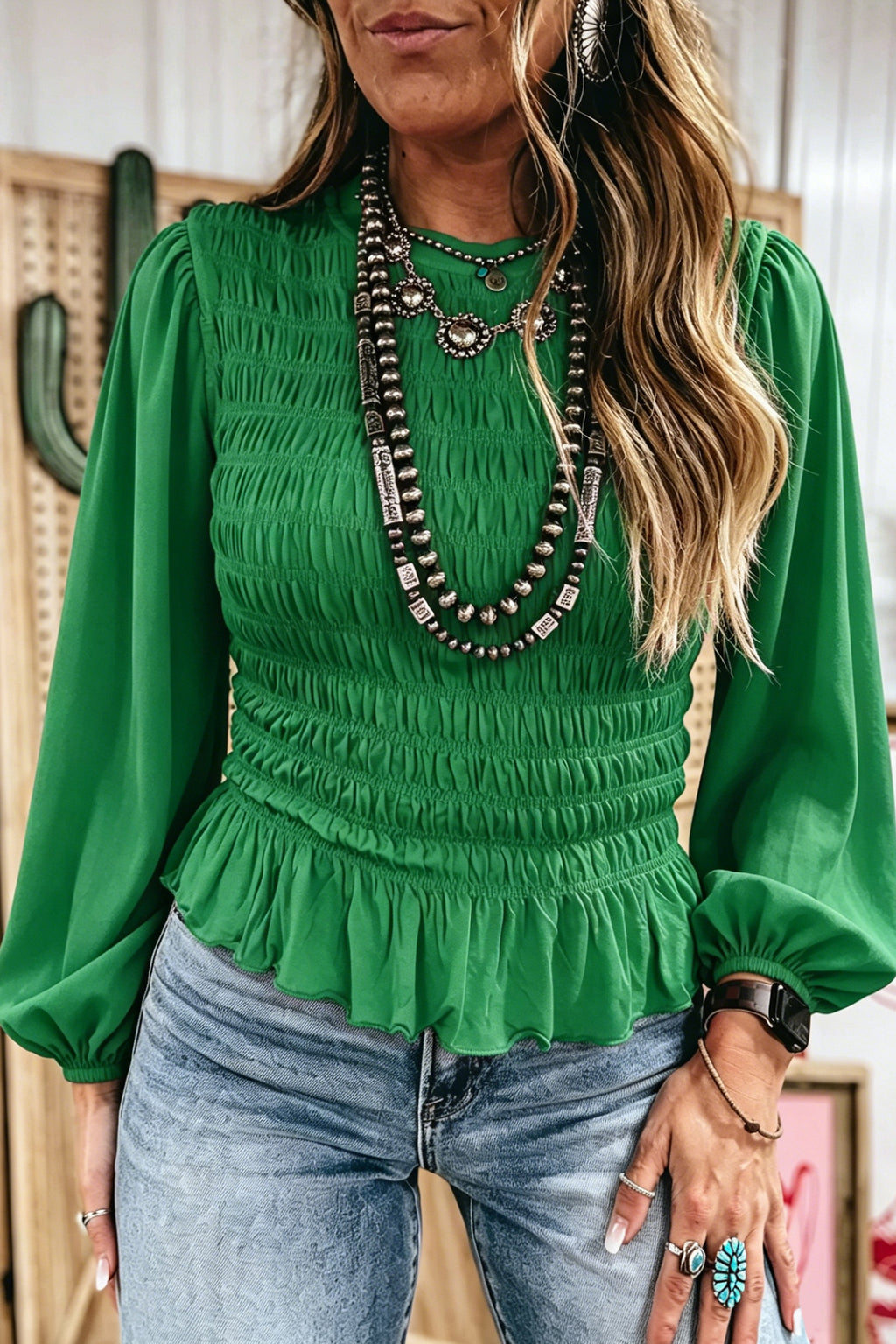Racing Red Solid Color Smocked Ruffle Hem Long Sleeve Blouse