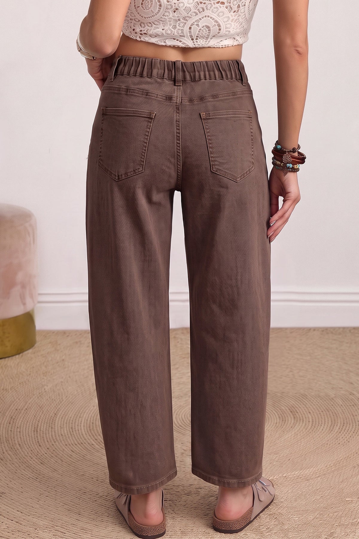 Four Leaf Clover Solid Color Square Patch Pocket Ankle-length Barrel Jeans