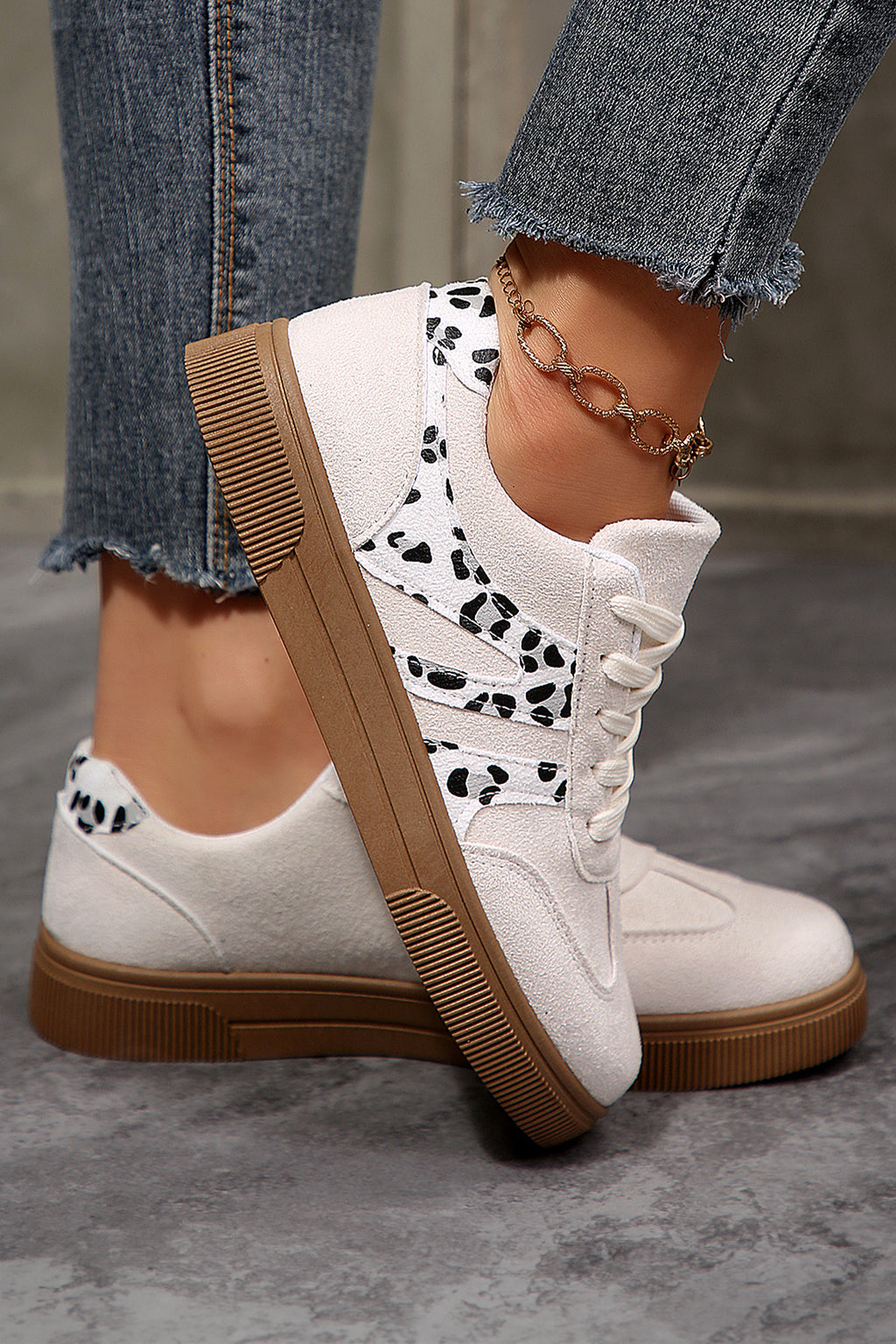 White Suede Leopard Color Block Trim Lace Up Casual Shoes