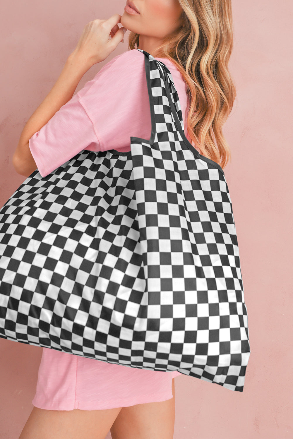Color black Checkered Print Large Capacity Canvas Shoulder Bag