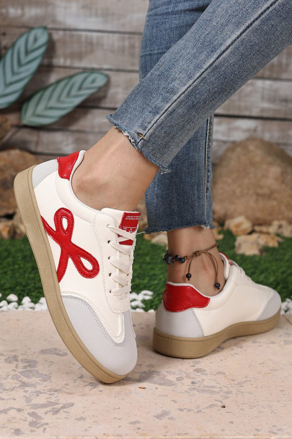 Pink Cute Bow Patch Color Block PU Leather Sneakers