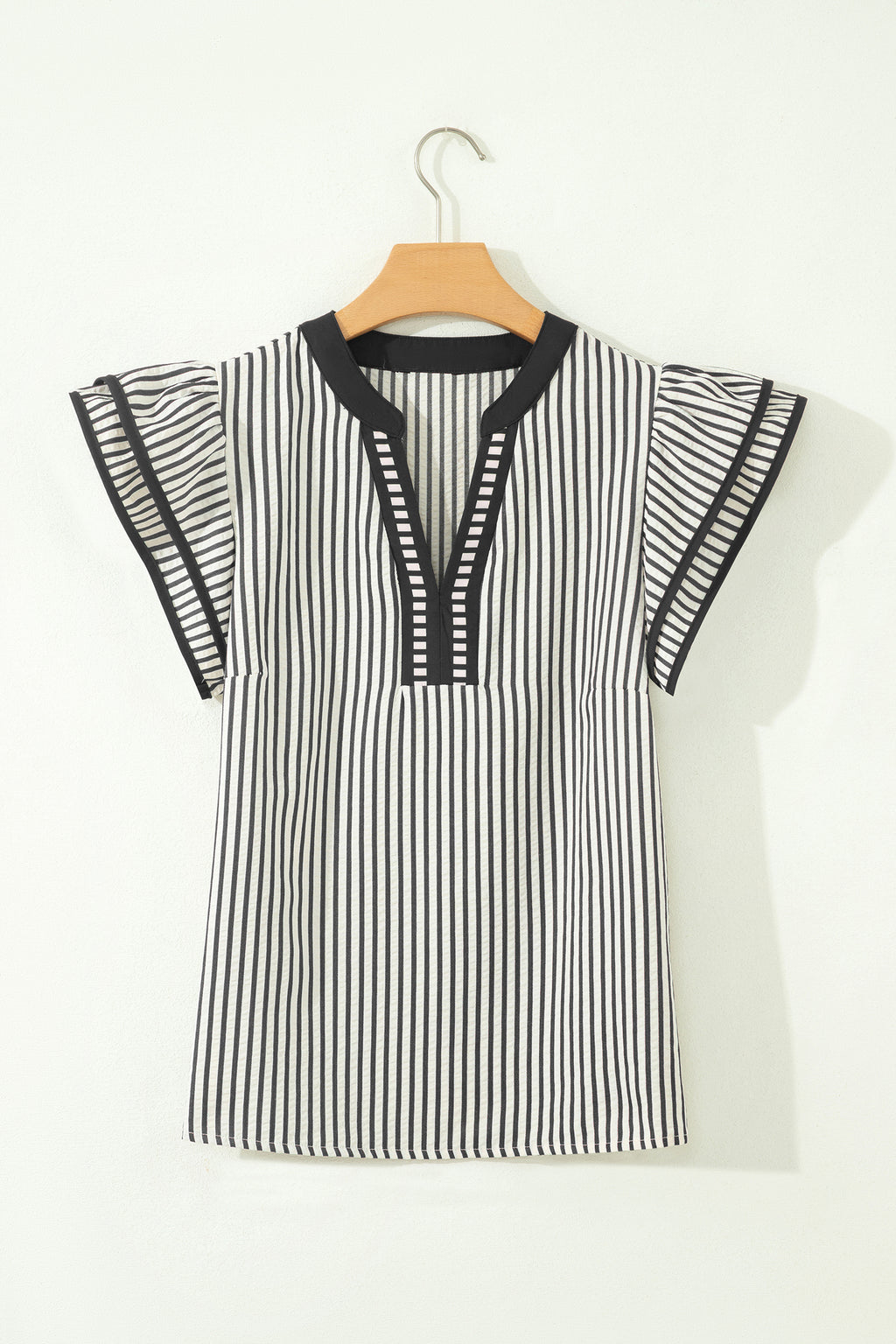 Black Stripe Double Ruffled Short Sleeve V Neck Blouse