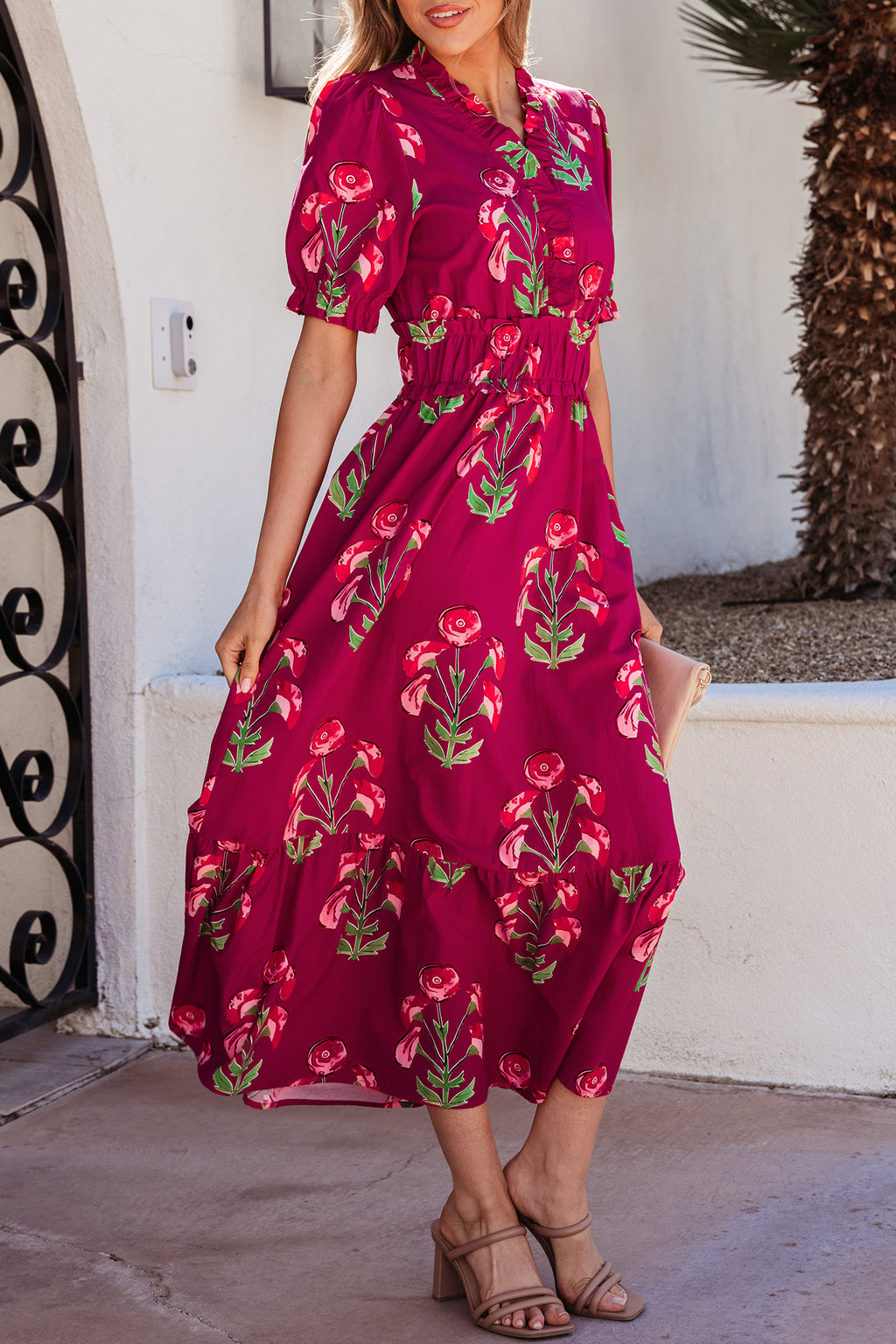 Red Floral Print Frilled V Neck Short Sleeve Ruffle Maxi Dress