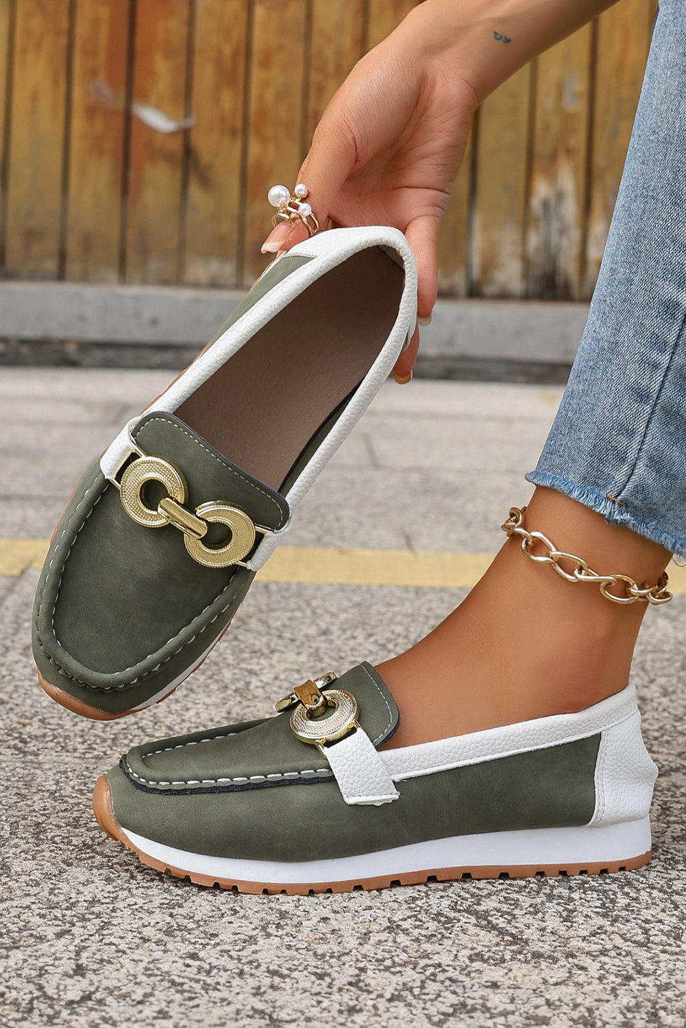 Blackish Green Metal Ring Decor Thick Sole Slip On Loafers