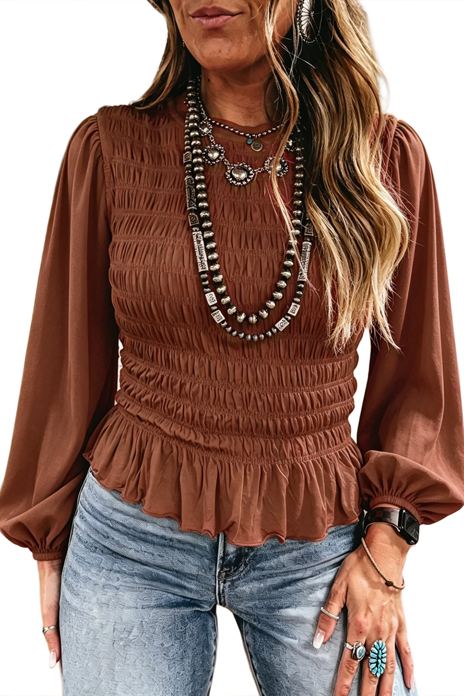 Racing Red Solid Color Smocked Ruffle Hem Long Sleeve Blouse
