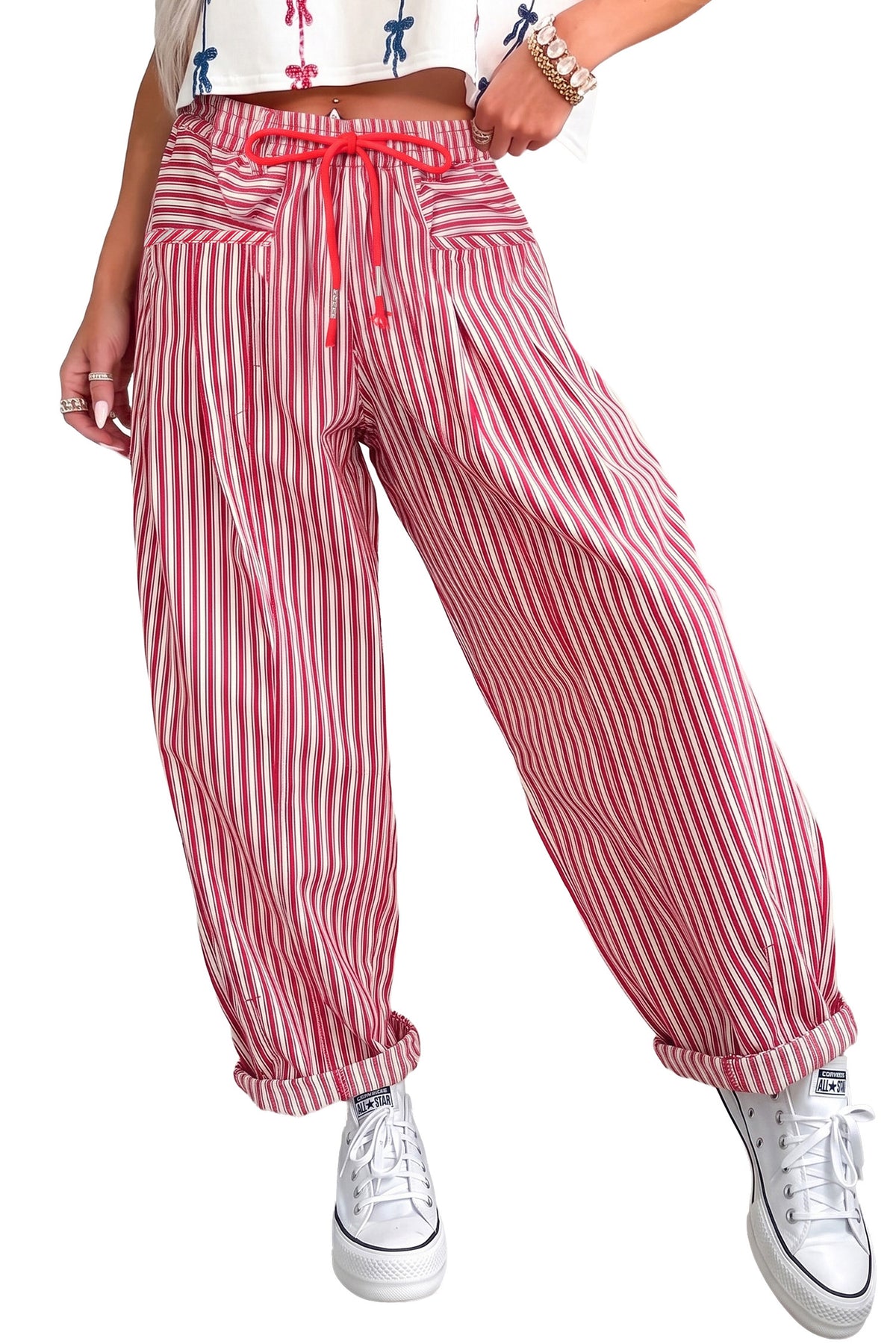 Blue Stripe Drawstring Casual Loose Pants