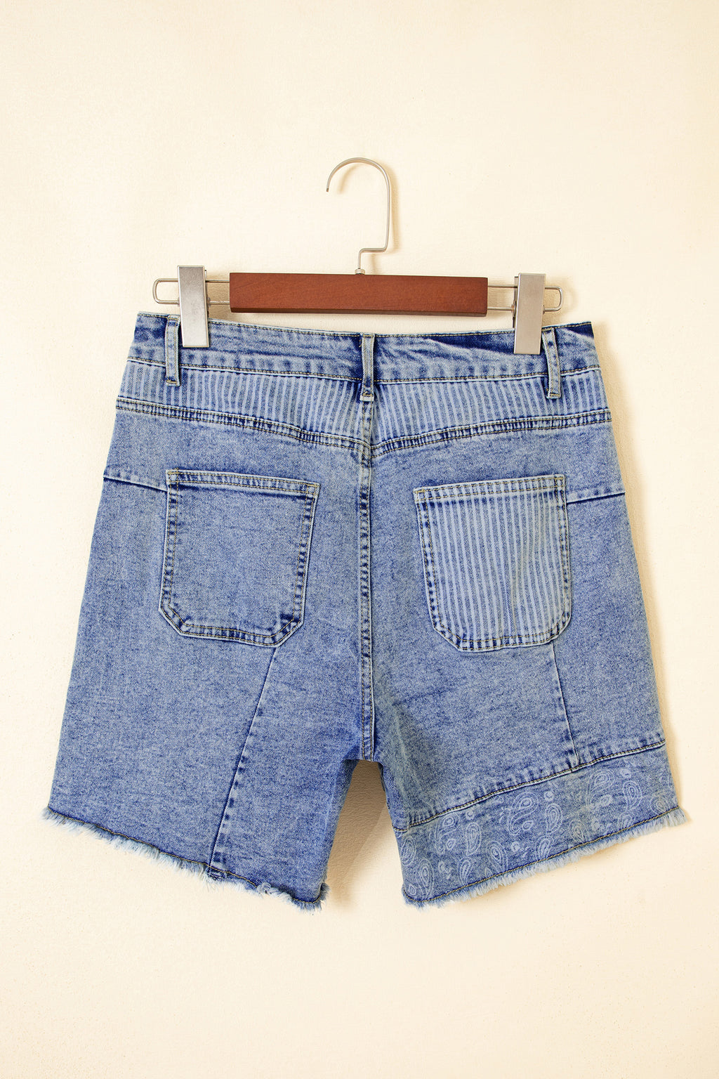 Sky Blue Striped Paisley Mixed Patchwork Raw Hem Denim Shorts