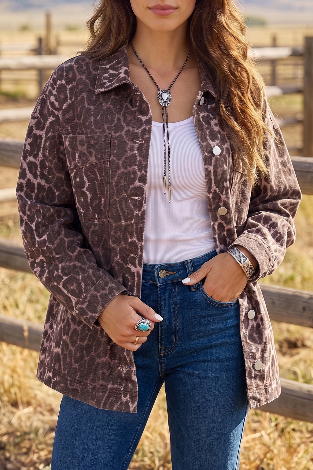 Khaki Oversized Leopard Print Long Sleeve Patch Pocket Denim Jacket