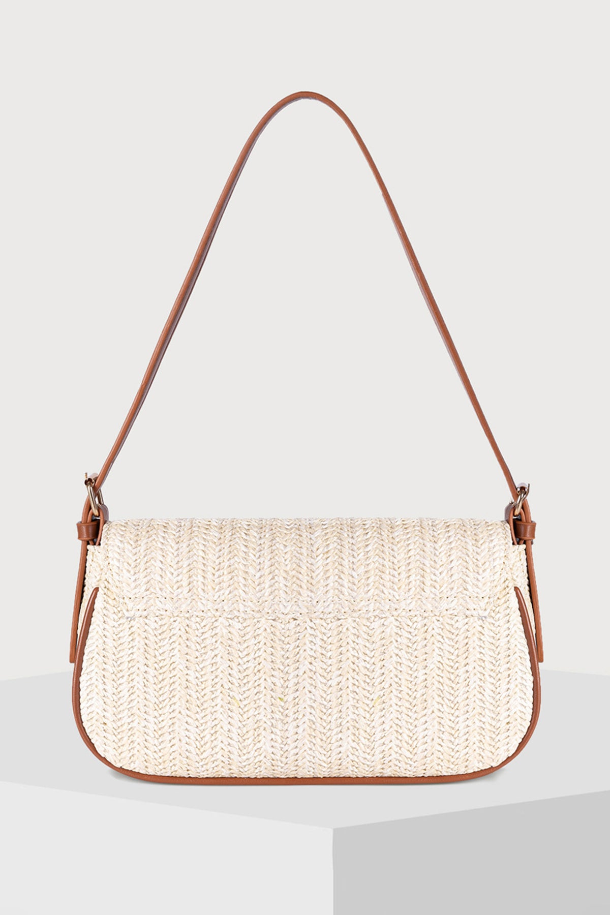 White Raffia Woven PU Leather Trim Shoulder Bag