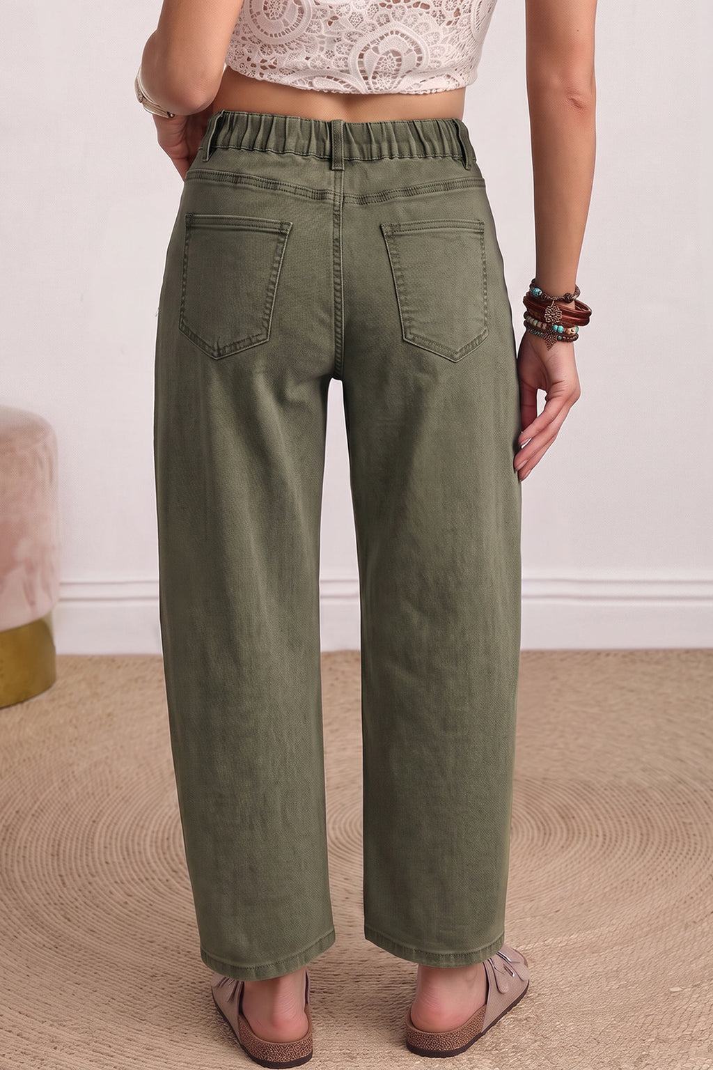Four Leaf Clover Solid Color Square Patch Pocket Ankle-length Barrel Jeans