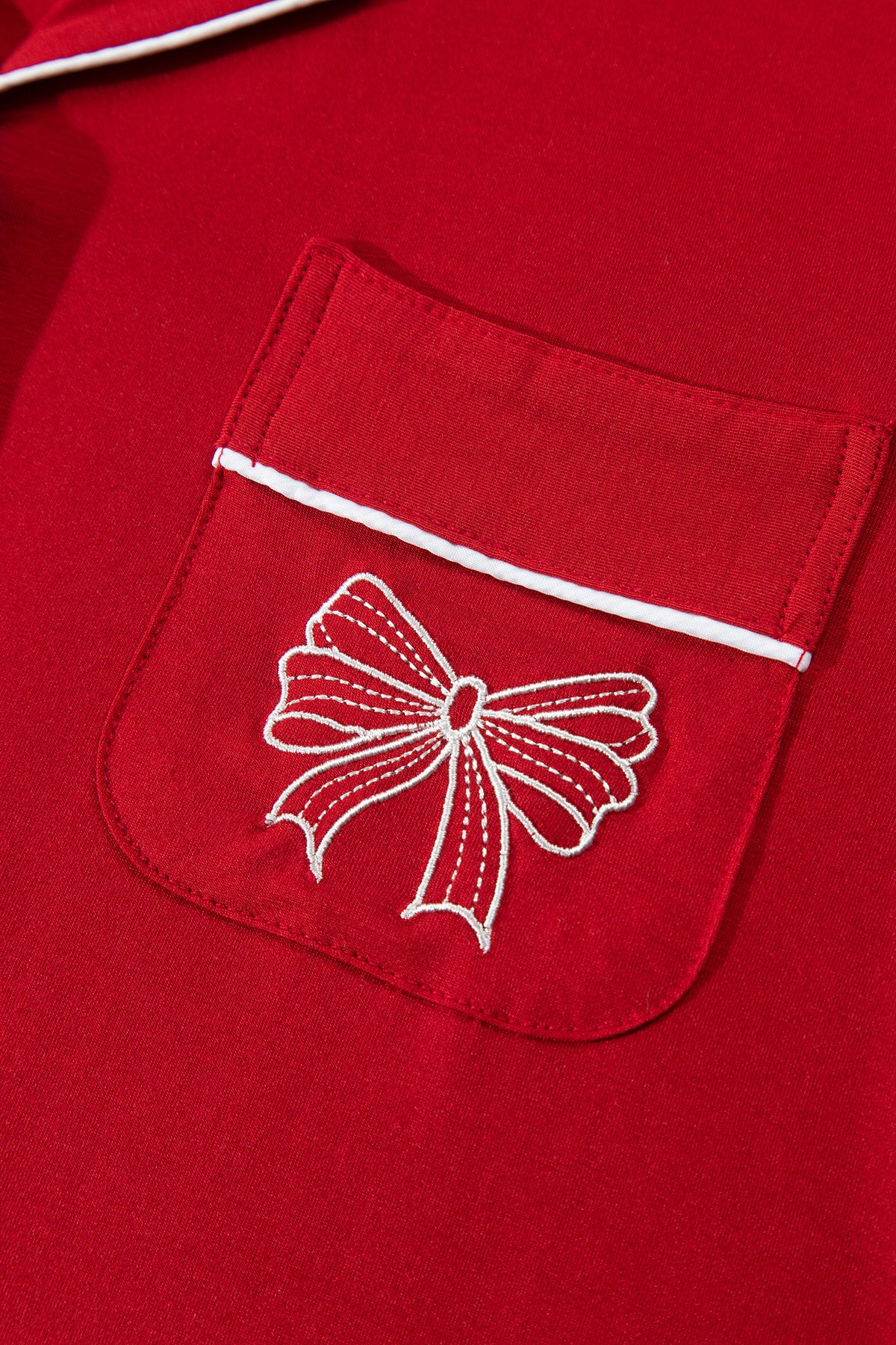 Racing Red Bow Pocket Detail Long Sleeve Shirt 2pcs Pajama Set