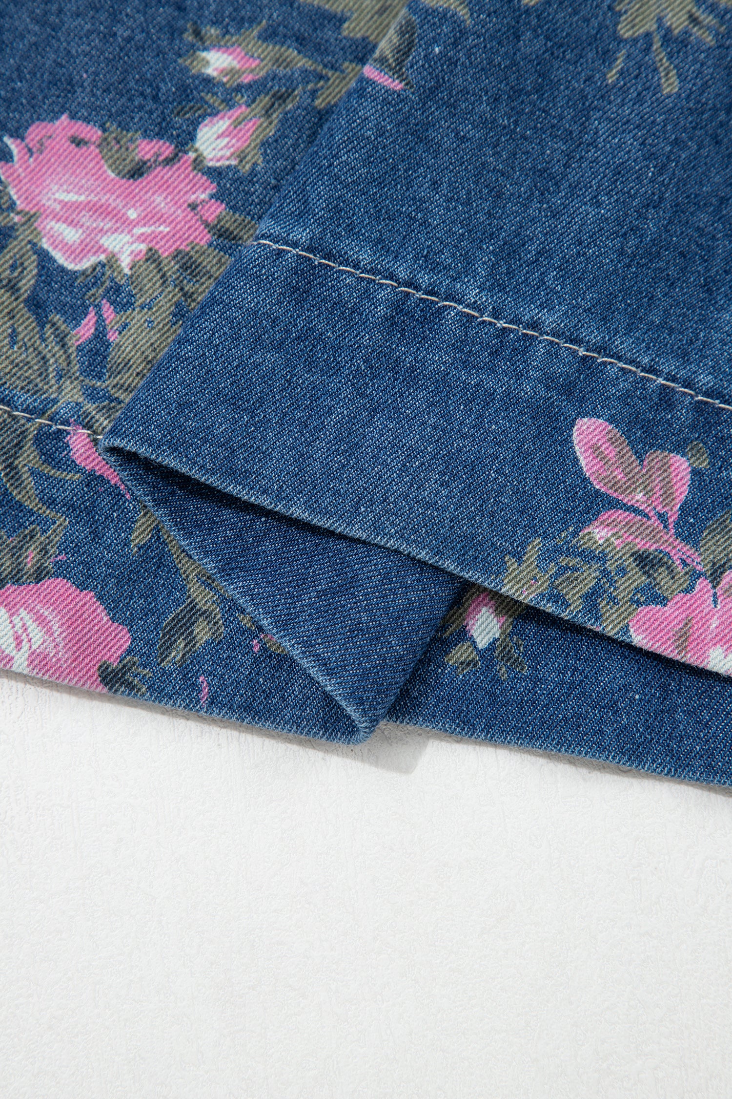 Blue Retro Floral Print Tie Elastic Waist Button Pintuck Wide Leg Jeans