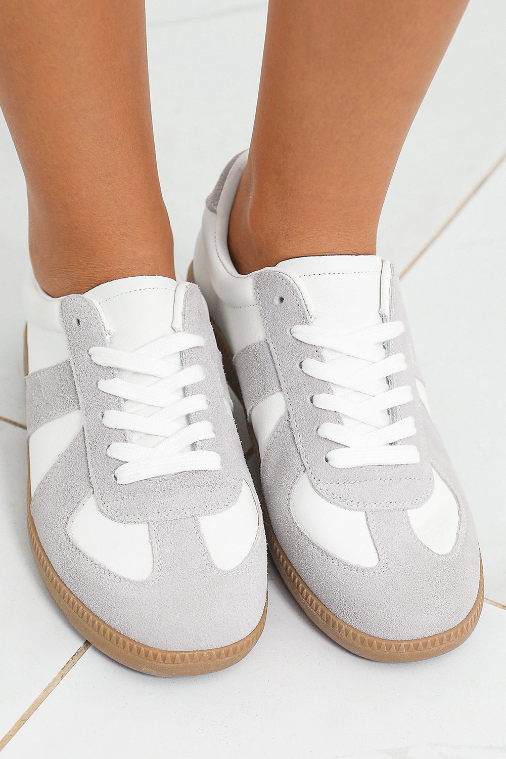 Beige PU Leather Suede Patched Lace-up Flat Shoes