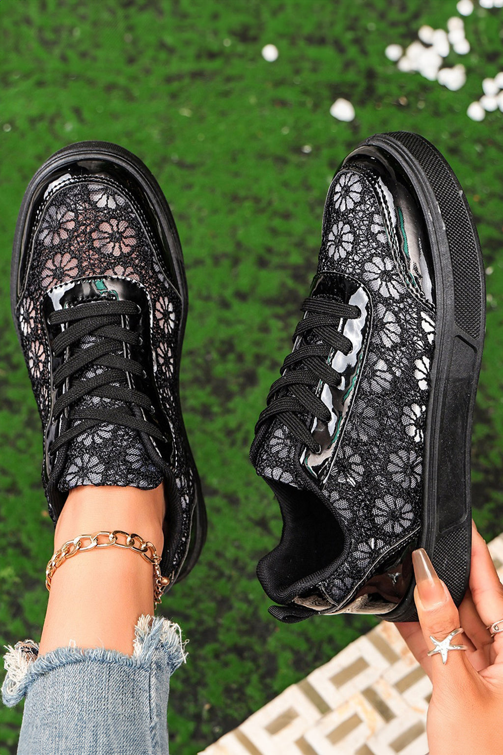 White Sheer Floral Lace Slip On Casual Sneakers