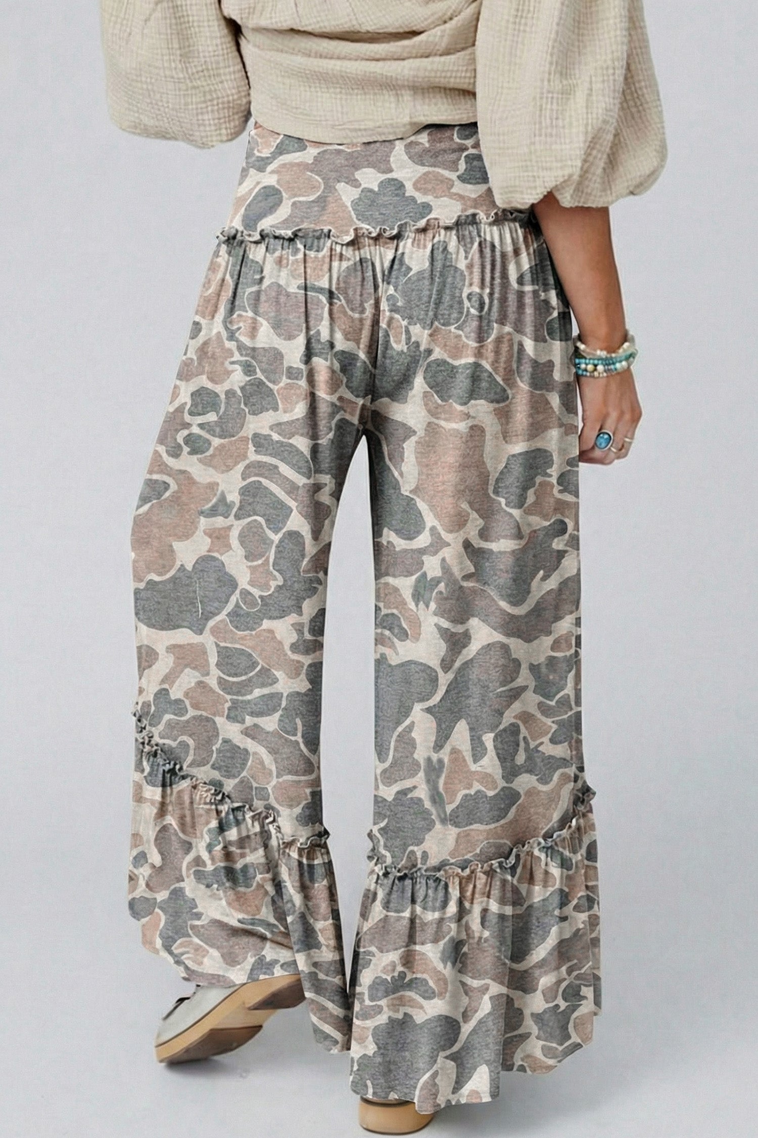 Brown Camo Print Wide Leg Casual Pants