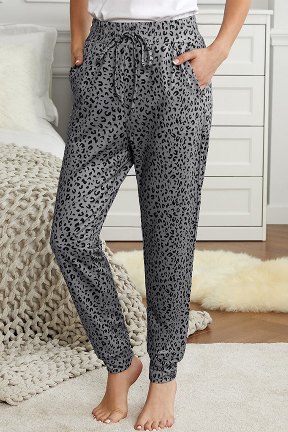Gray Leopard Elastic Waist Casual Joggers