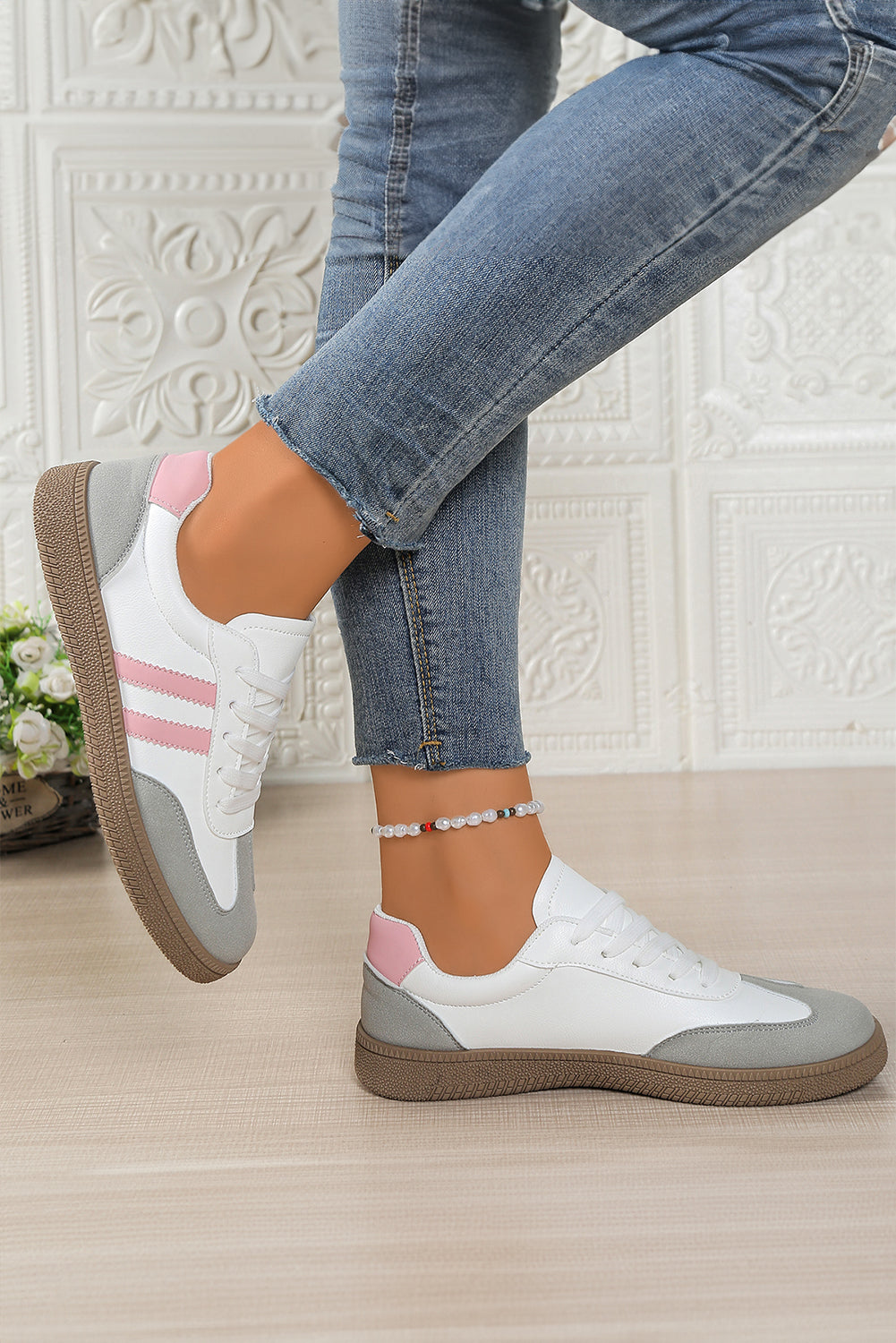 Rose Red Color Block PU Leather Patchwork Lace Up Flat Shoes