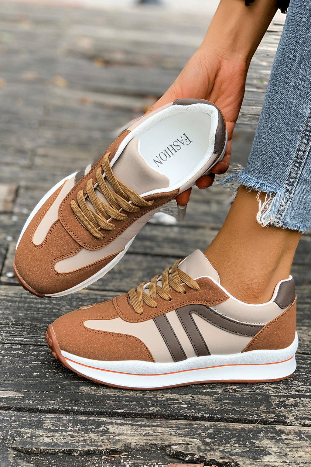 Brown Varsity Color Block Patchwork Lace-up PU Leather Sneakers