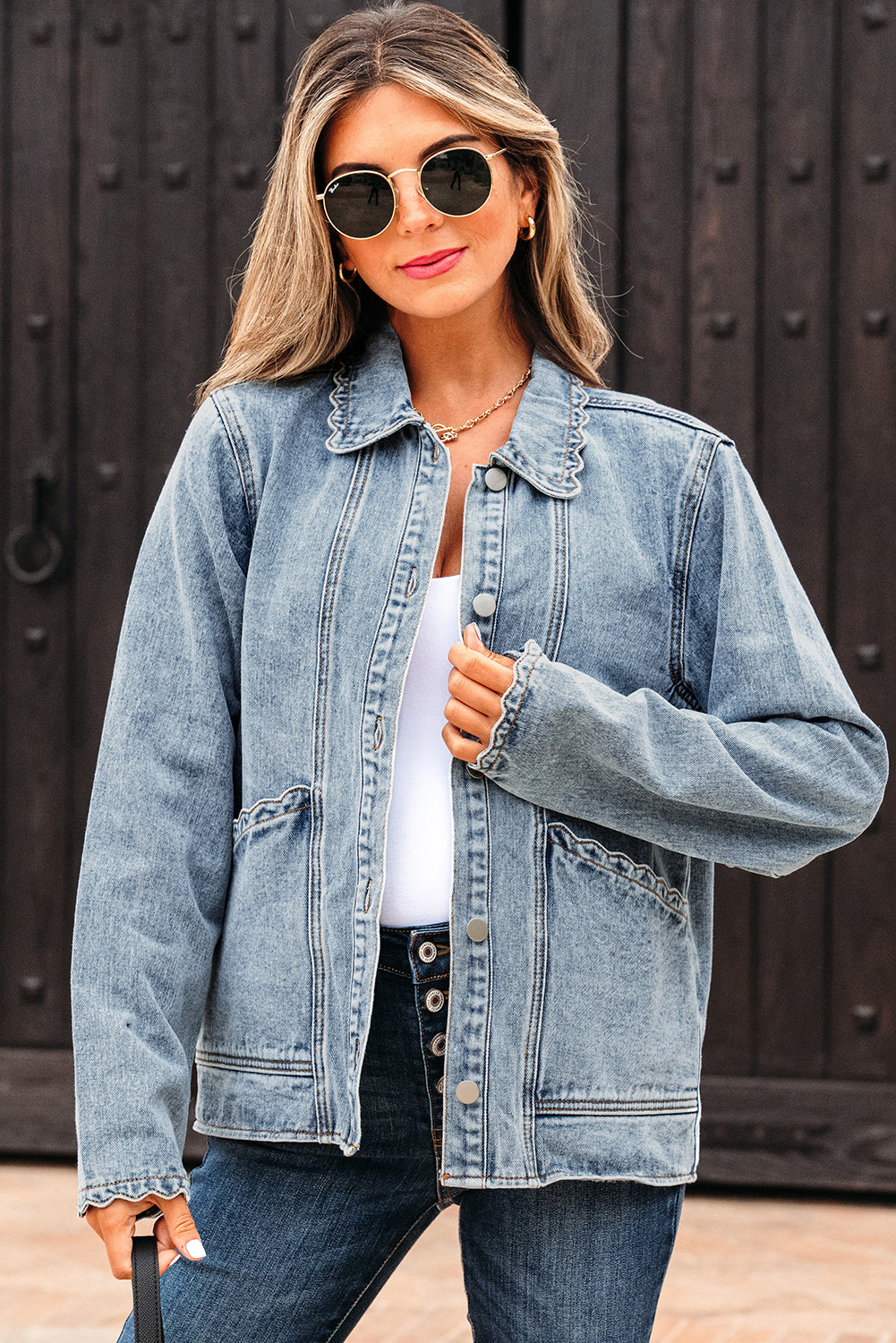Myosotis Scallop Trim Collar Patched Pocket Button Up Mineral Washed Denim Jacket