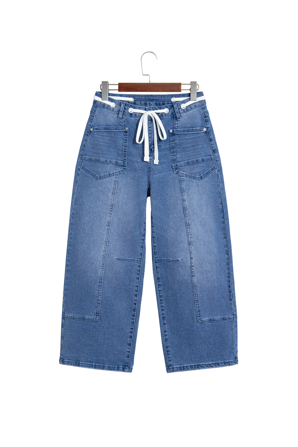 Beau Blue Solid Patchwork Grommet Tie Waist Loose Ankle-Length Jeans