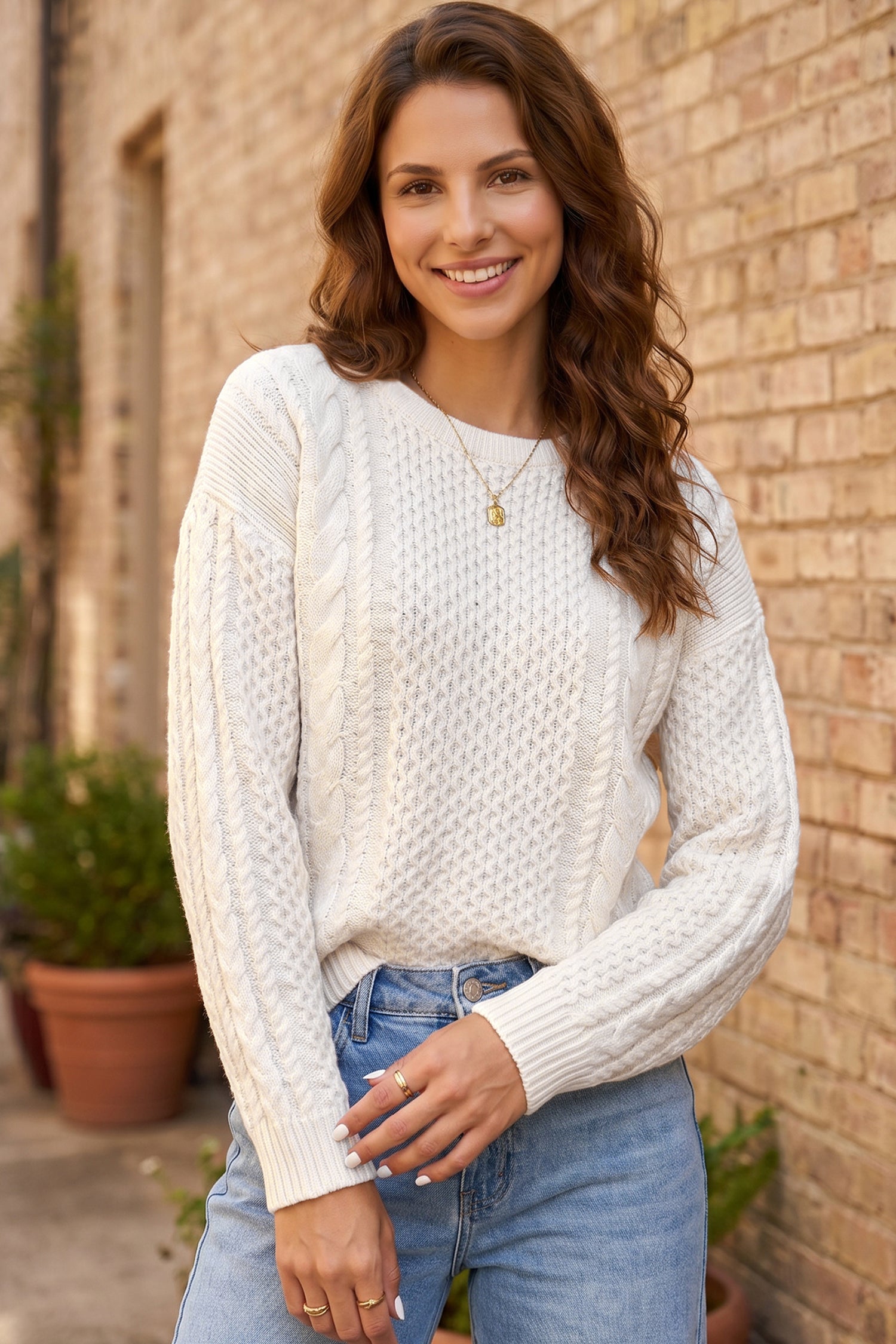 Beige Solid Color Cable Detail Knit Loose Round Neck Sweater