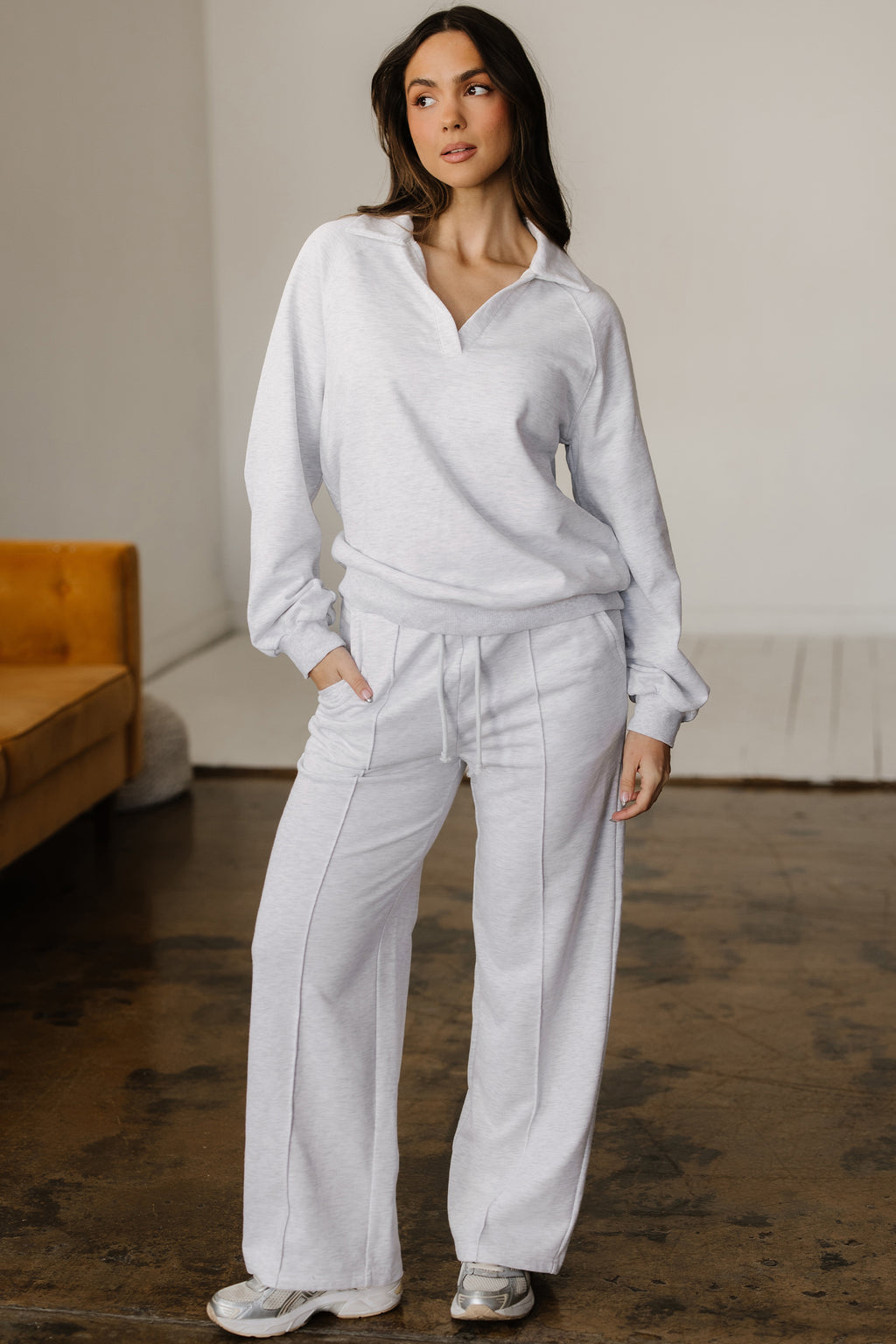 Bright Pink Polo Collar V Neck Pullover and Drawstring Sweatpants Set