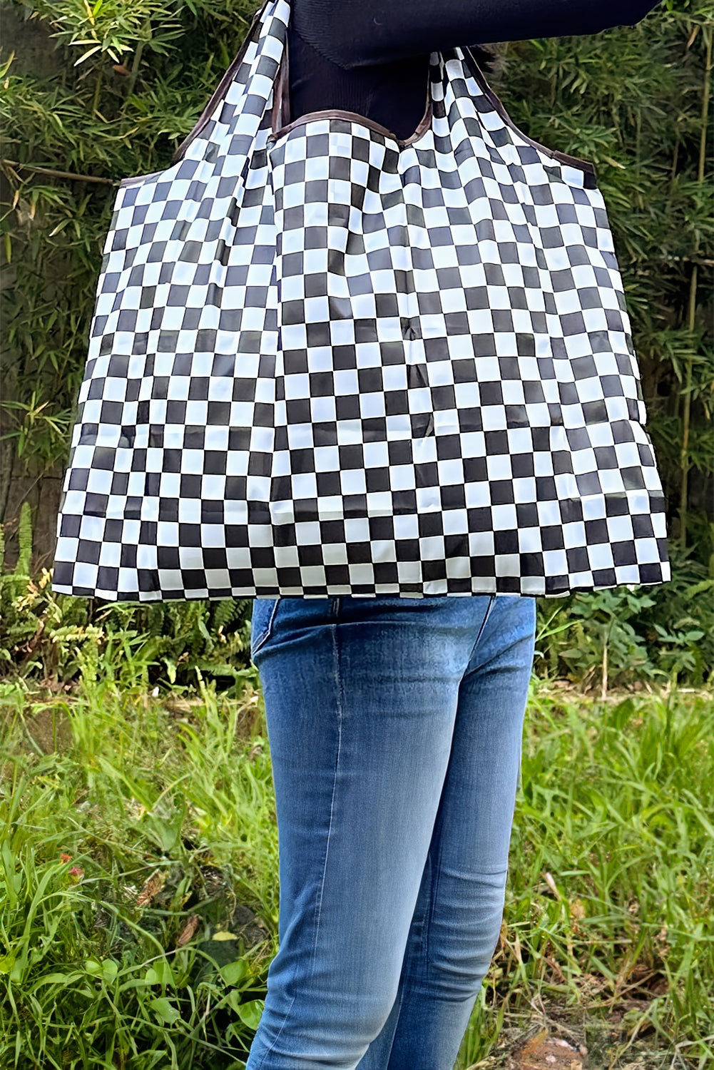 Color black Checkered Print Large Capacity Canvas Shoulder Bag