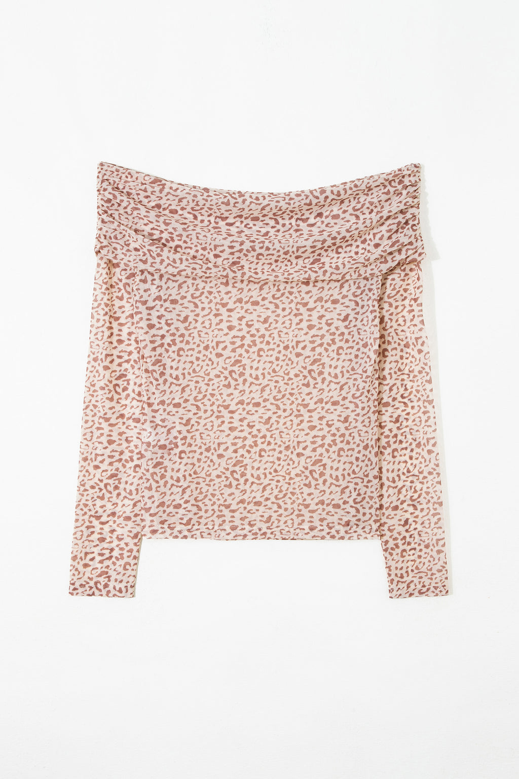 Brown Leopard Print Foldover Off Shoulder Long Sleeve Mesh Top