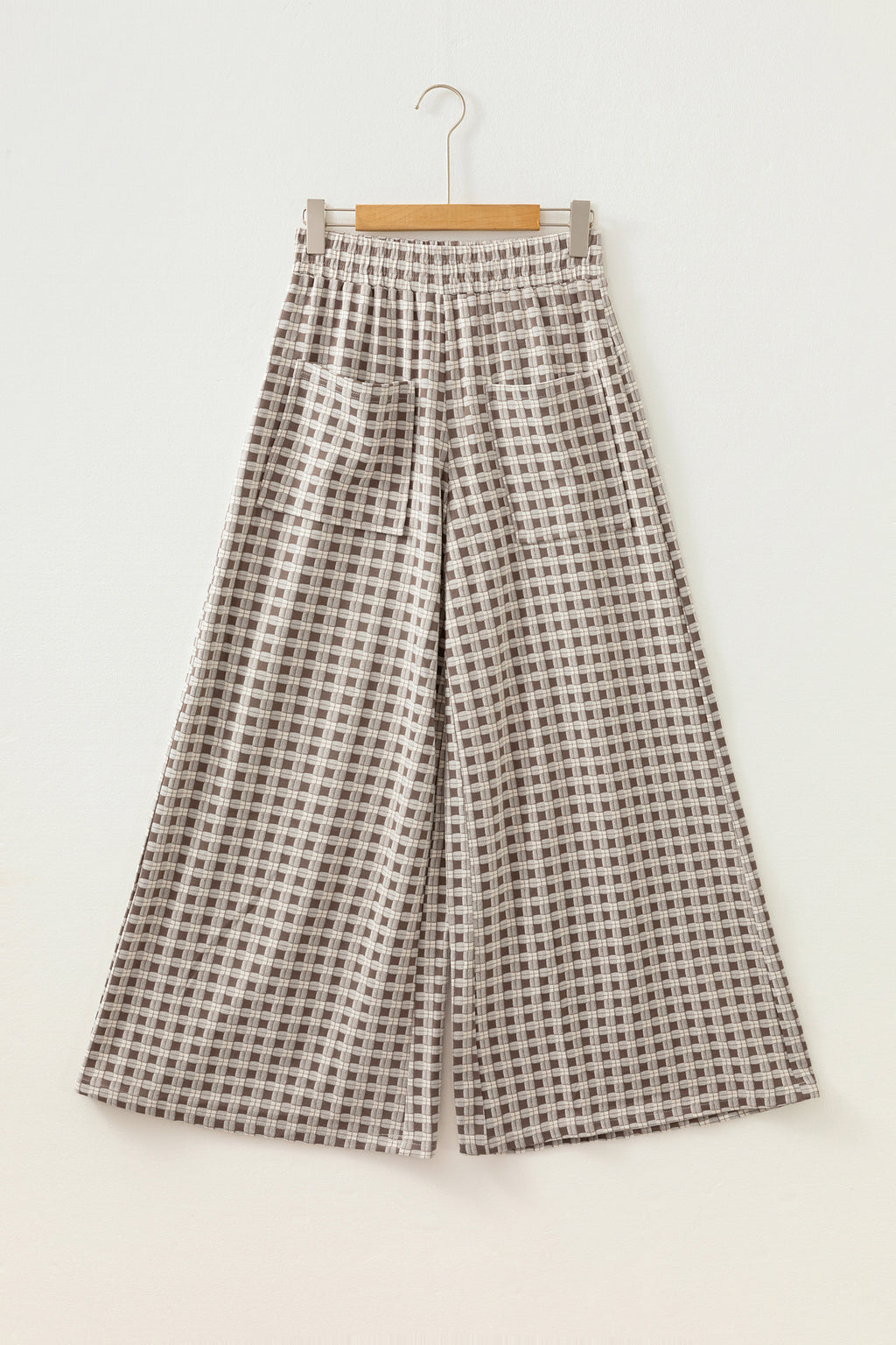 Khaki Plaid Elastic Waist Patch Pocket Wide Leg Pants