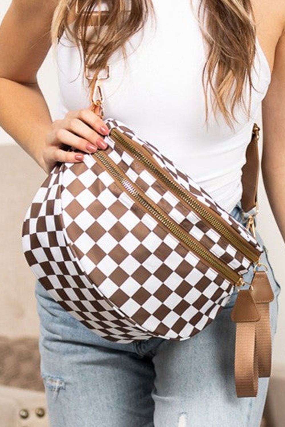 White Animal Spots Print Wide Strap Large Crossbody Bag