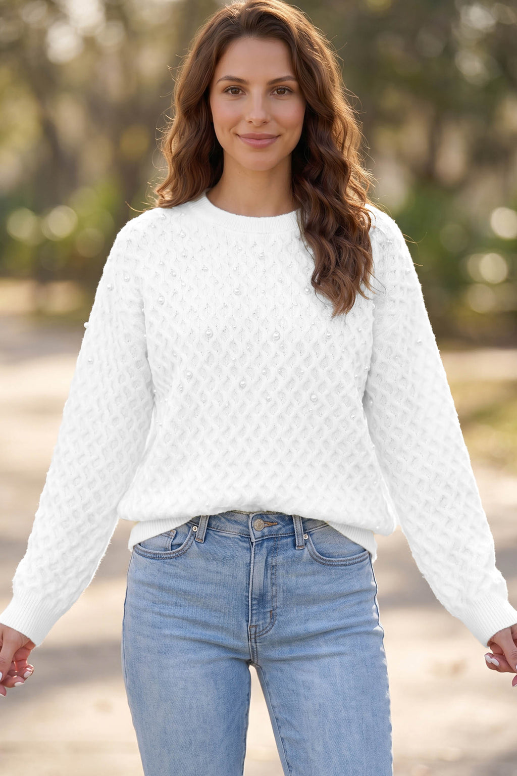 White Solid Textured Knit Pearl Embellished Pullover Sweater