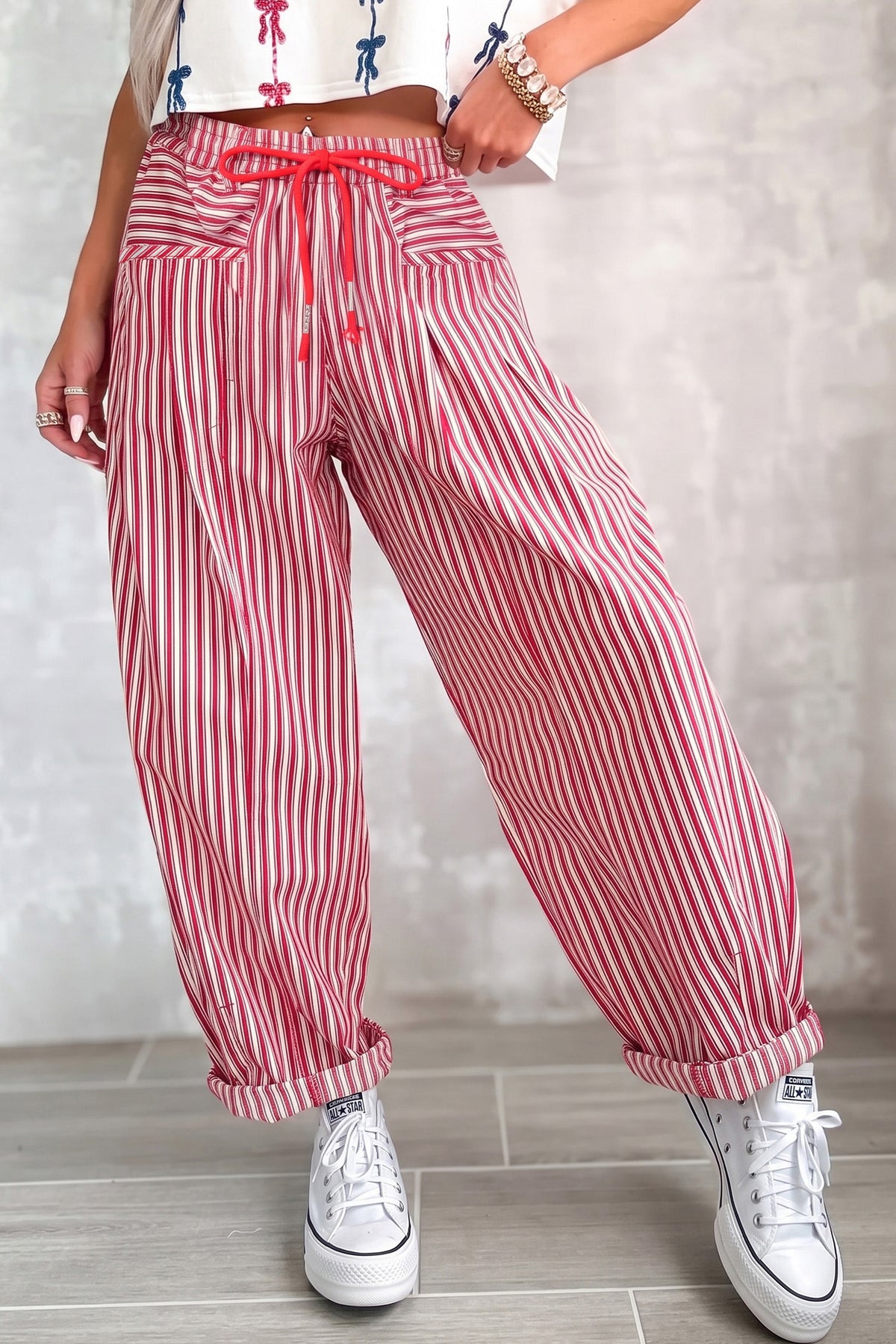 Blue Stripe Drawstring Casual Loose Pants