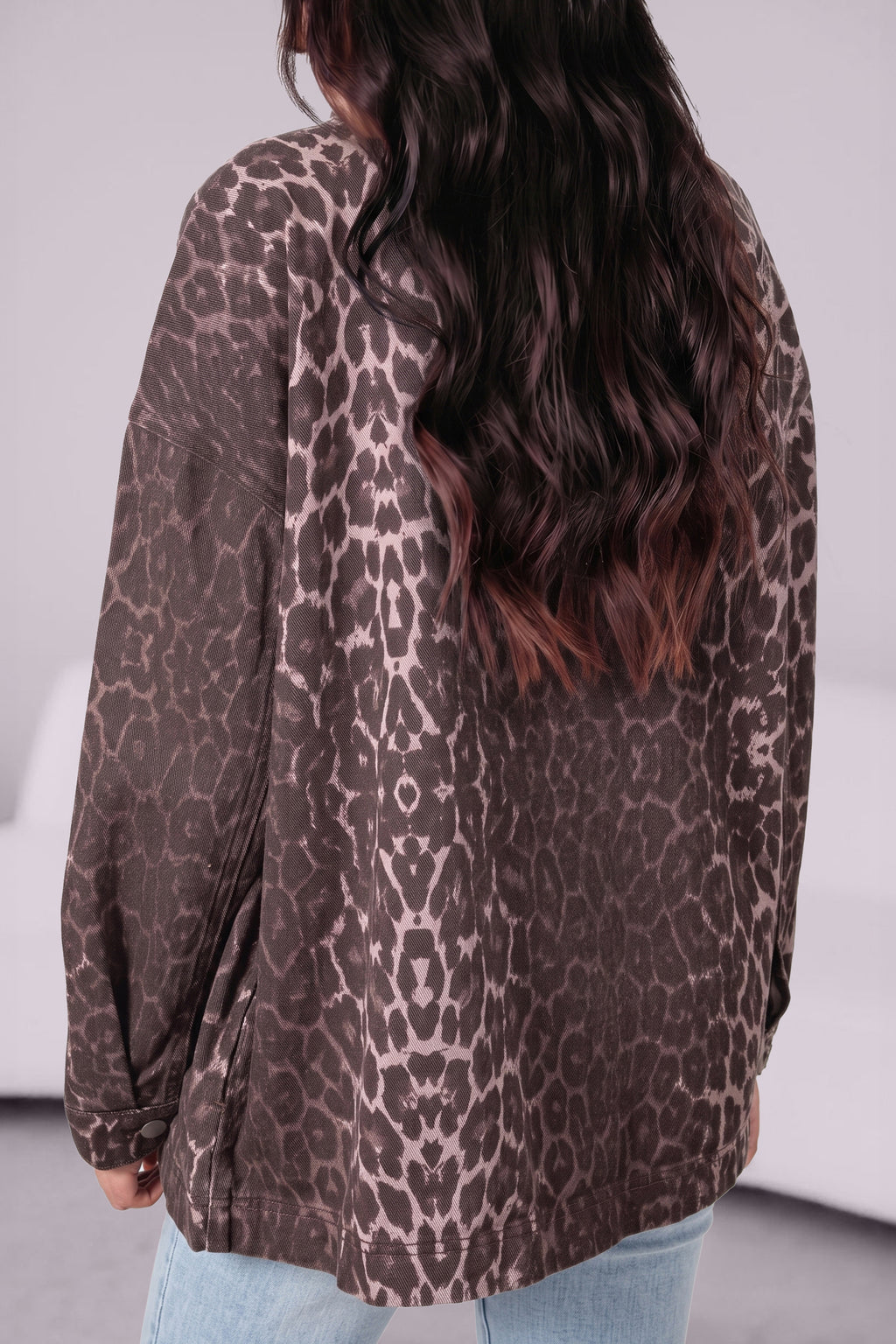 Khaki Oversized Leopard Print Long Sleeve Patch Pocket Denim Jacket