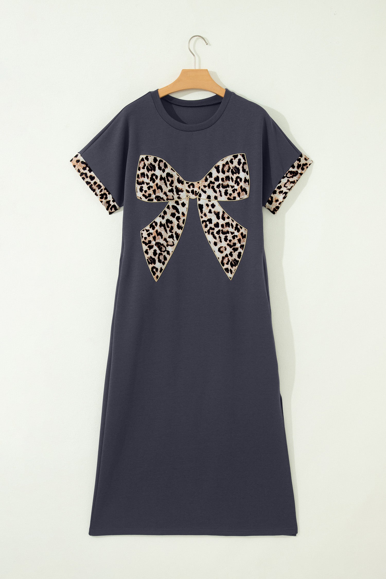 White Contrast Leopard Bow Patched Short Sleeve T Shirt Long Dress