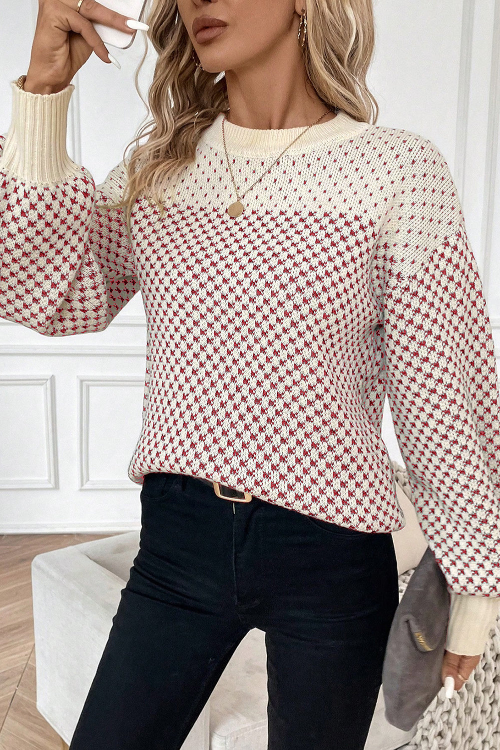 Black Contrast Color Pattern Lantern Sleeve Sweater