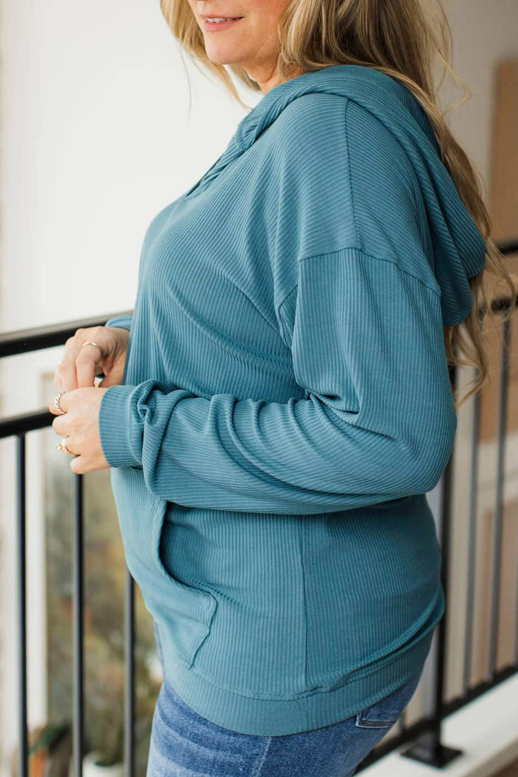 Lapis Ribbed Drop Shoulder Long Sleeve Plus Size Blouse