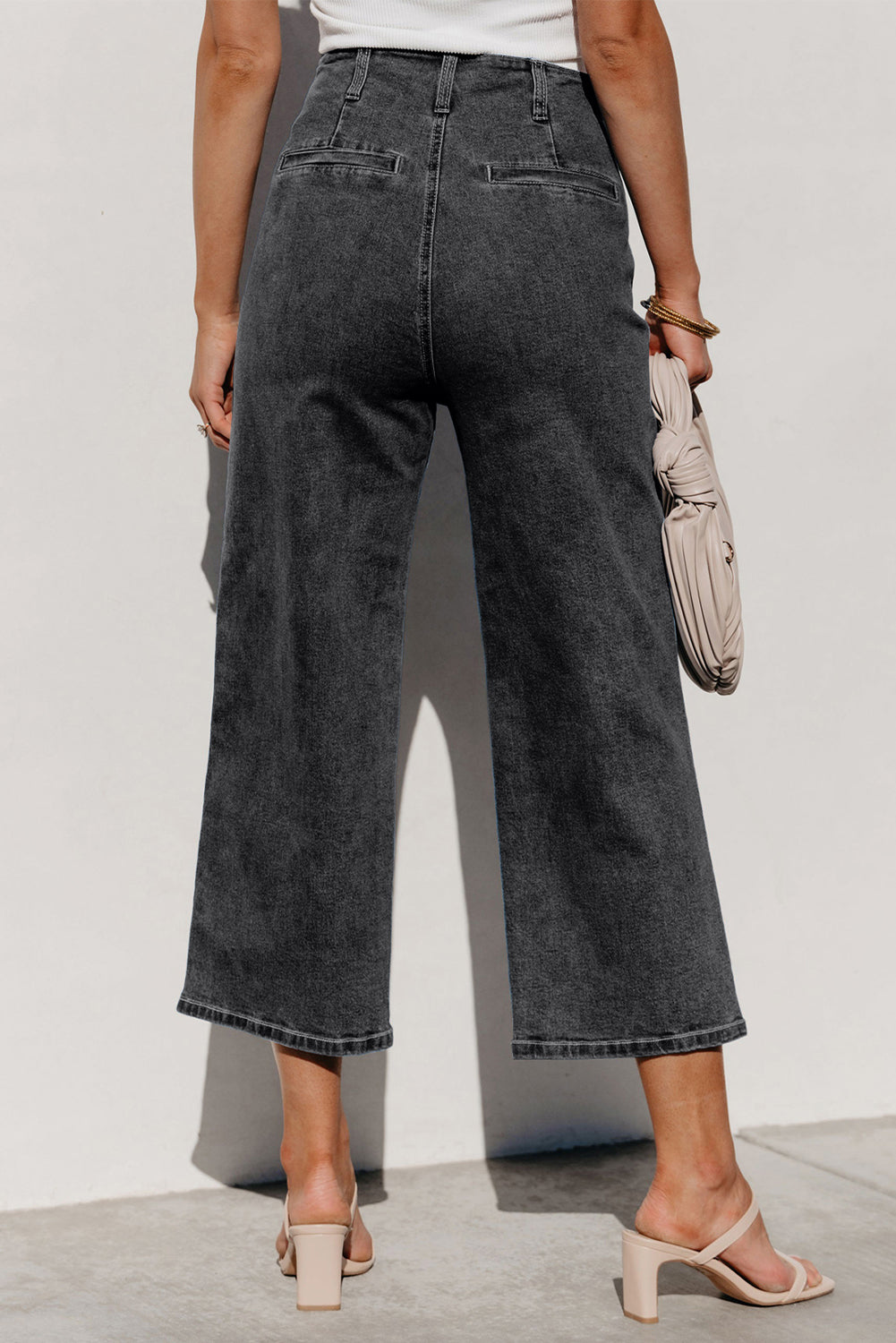Sail Blue High Waist Button Front Wide Leg Cropped Jeans
