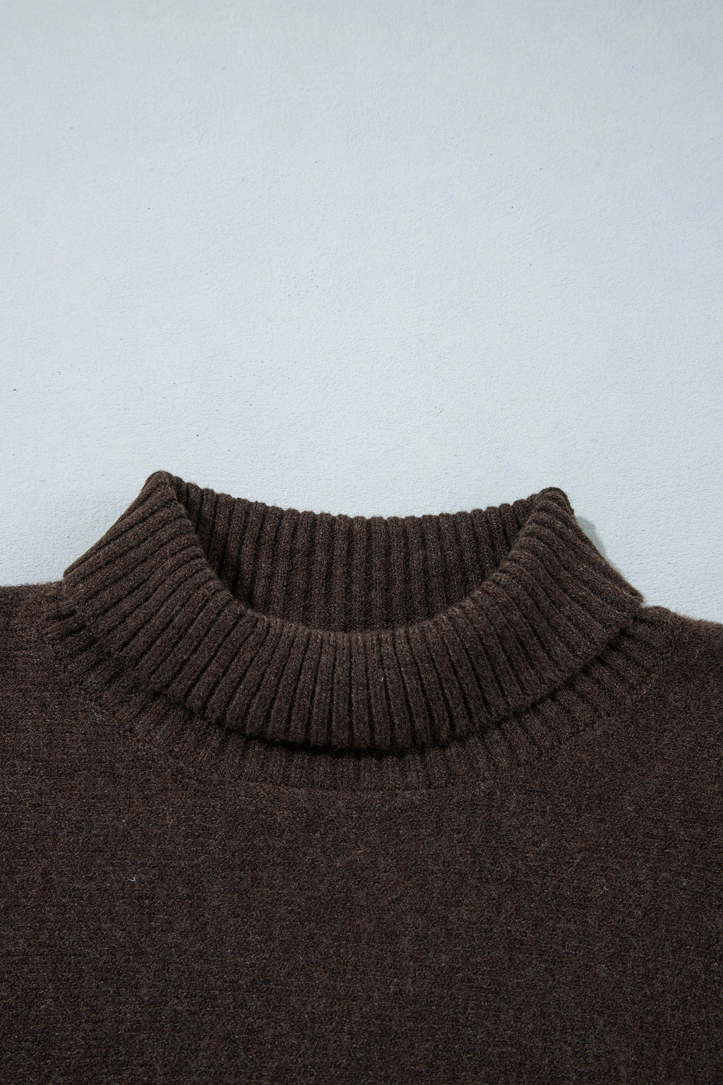 Dark Brown Ribbed Trim High Neck Short Sleeve Casual Sweater