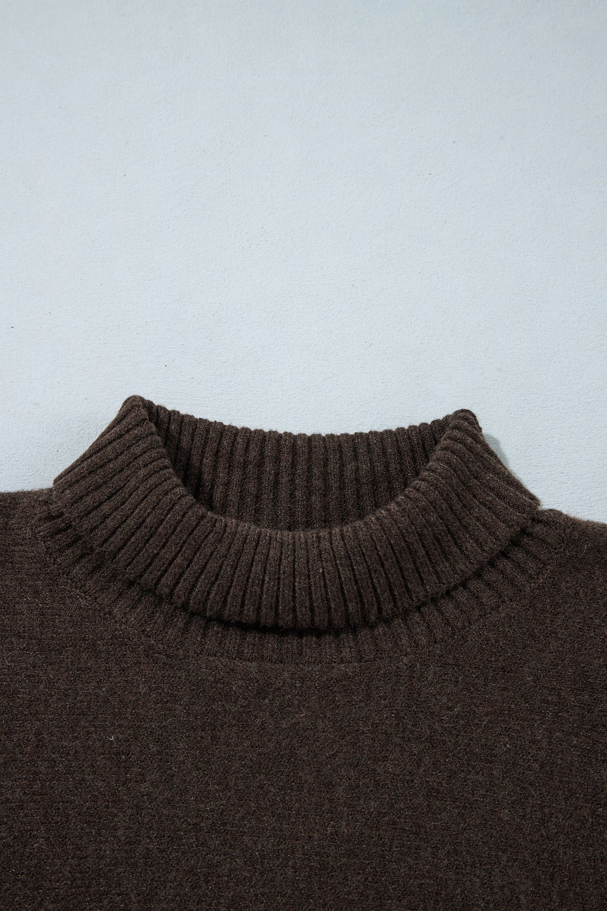 Dark Brown Ribbed Trim High Neck Short Sleeve Casual Sweater