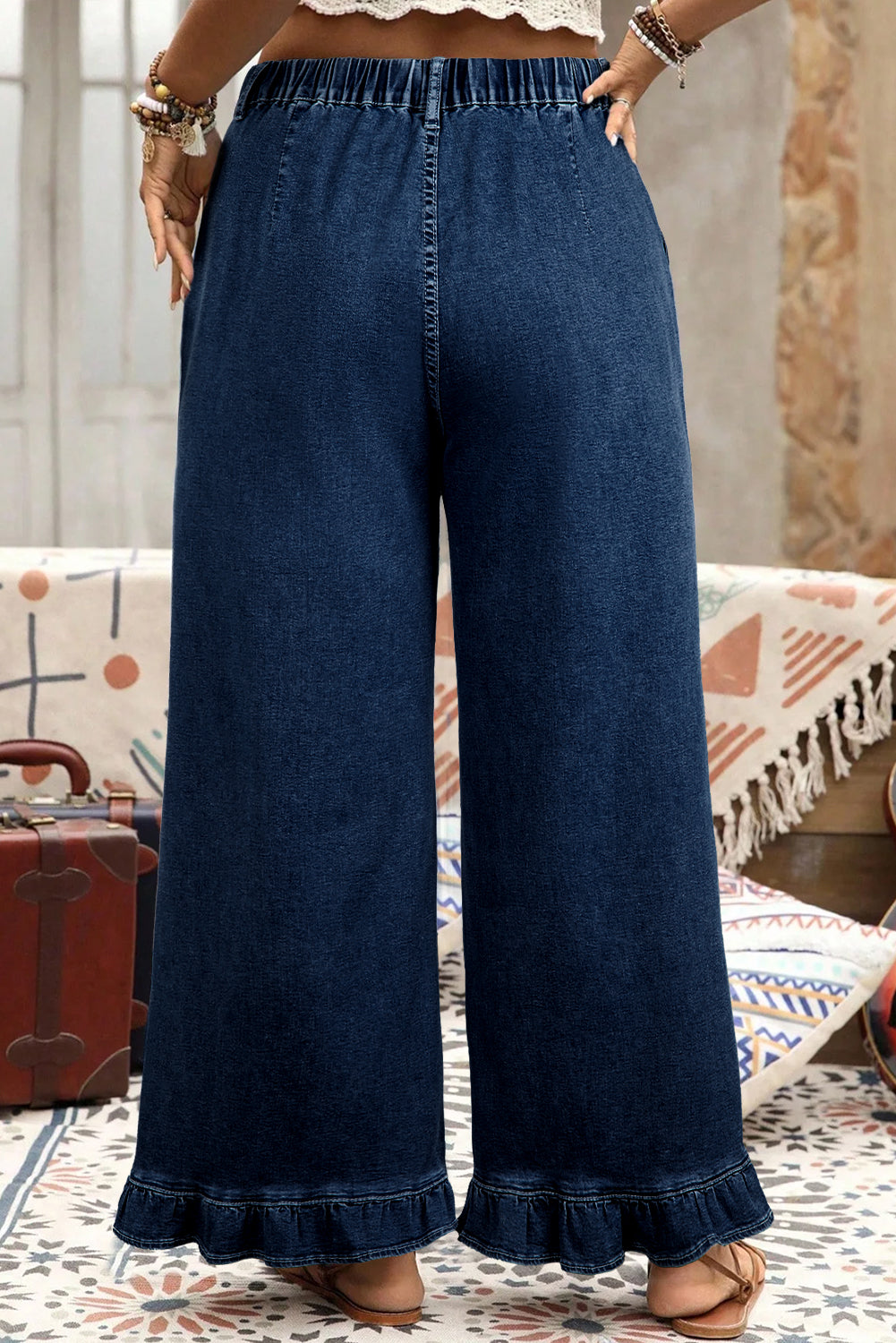 Dirty blue Plus Size Elastic Waist Ruffled Wide Leg Denim Pants