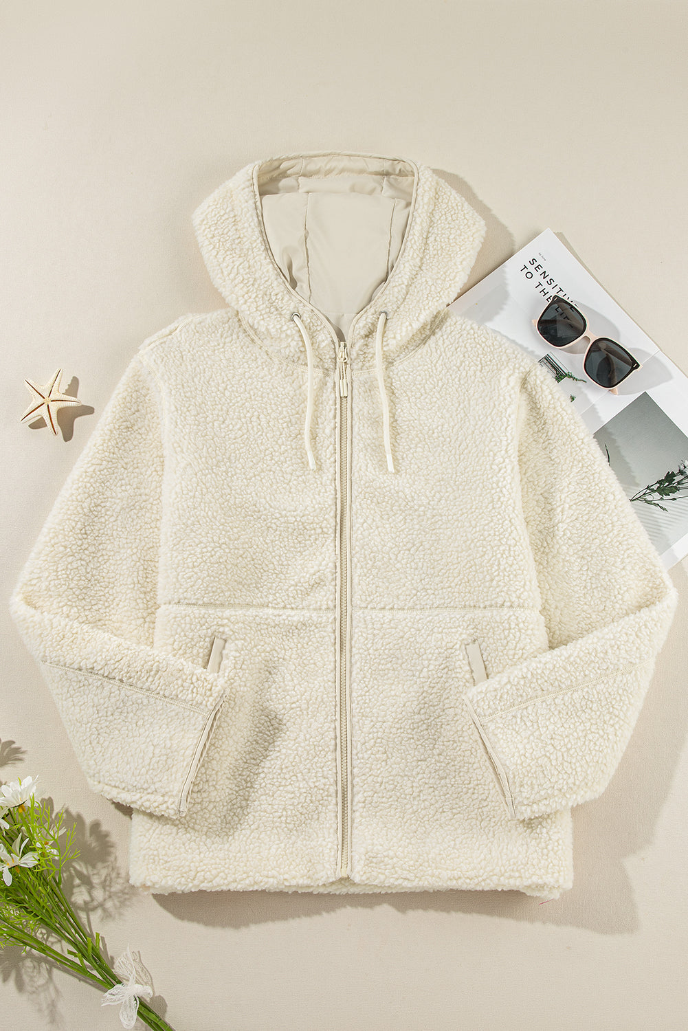 Beige Fleece Zip-up Drawstring Hooded Pocketed Jacket