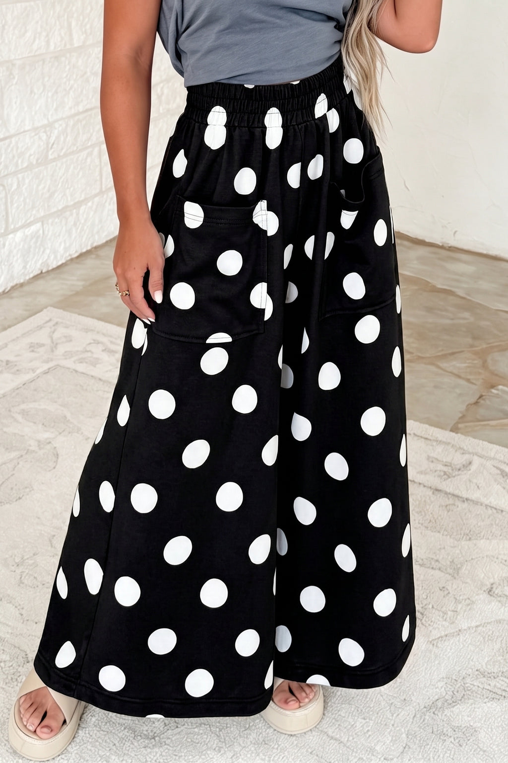 Black Polka Dot Wide Leg Elastic Waist Casual Pants